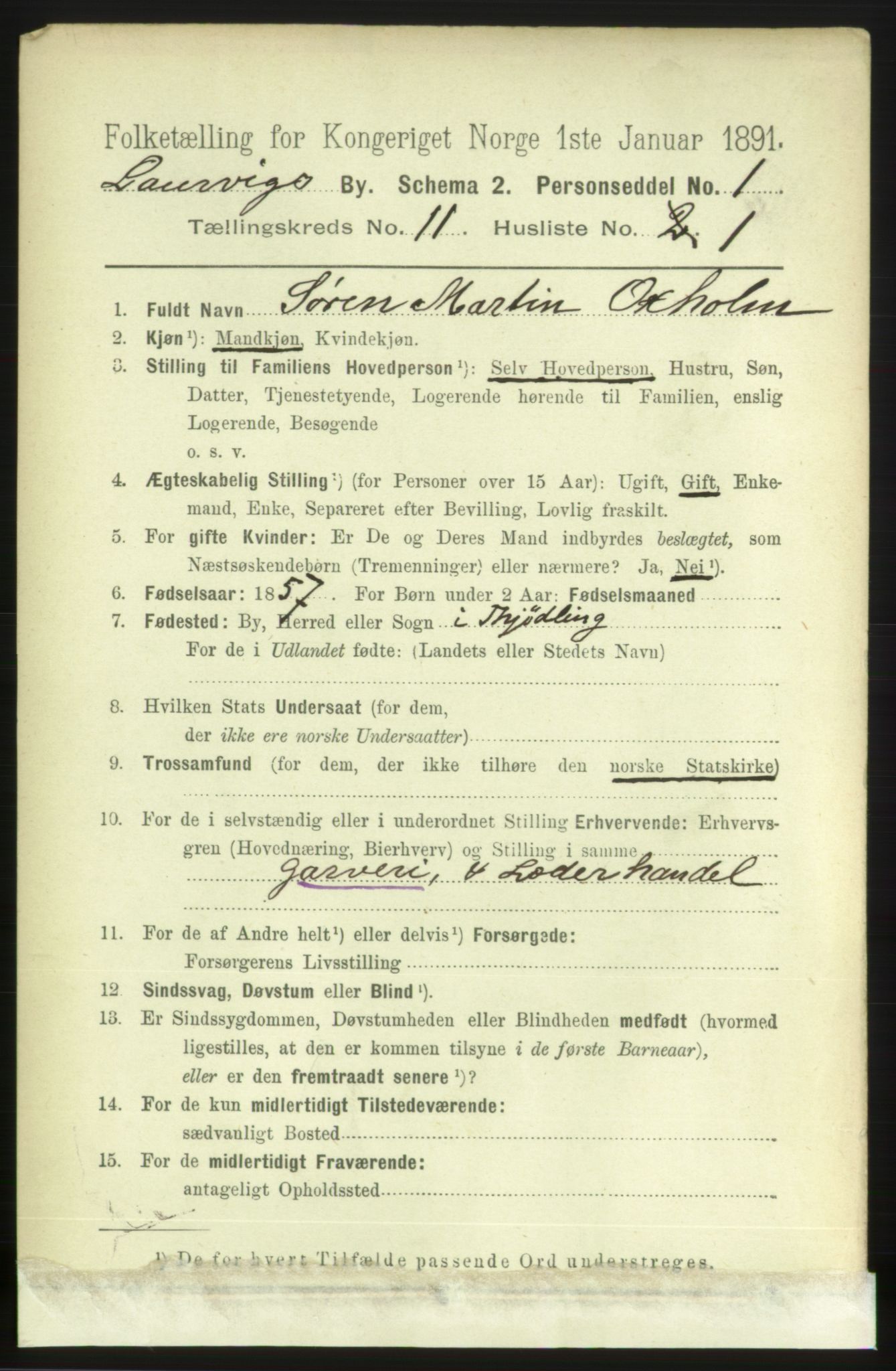 RA, 1891 census for 0707 Larvik, 1891, p. 9611