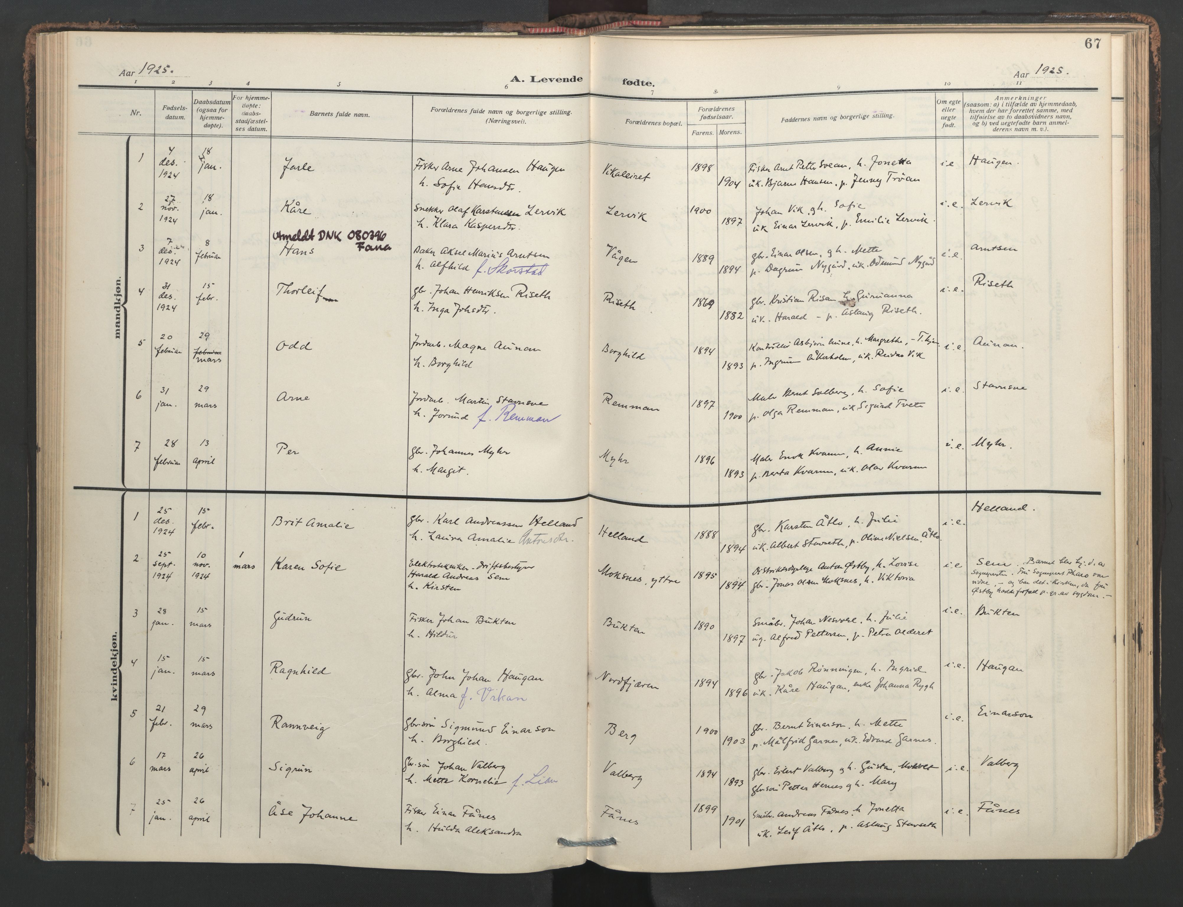 Ministerialprotokoller, klokkerbøker og fødselsregistre - Nord-Trøndelag, SAT/A-1458/713/L0123: Parish register (official) no. 713A12, 1911-1925, p. 67