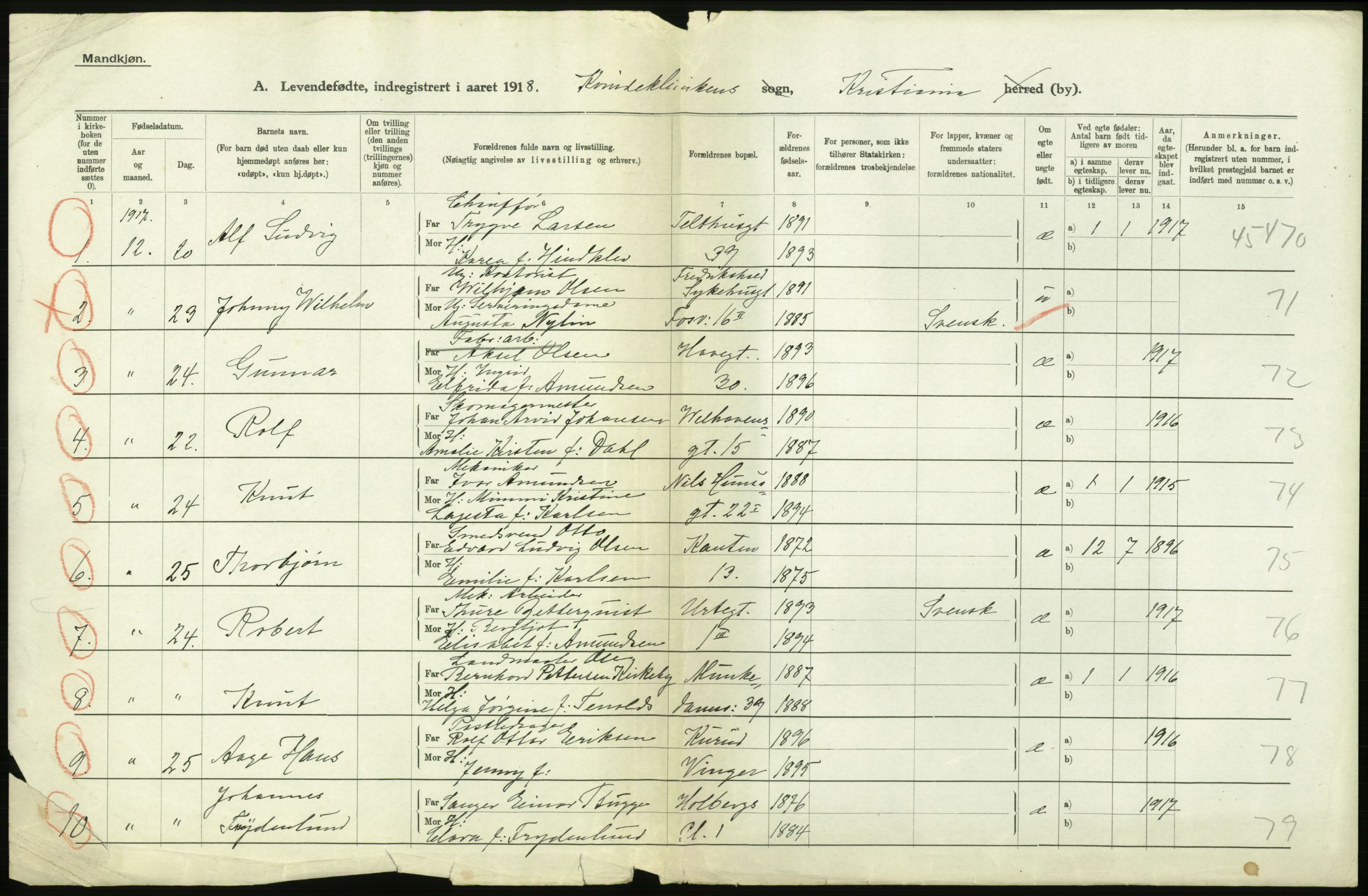 Statistisk sentralbyrå, Sosiodemografiske emner, Befolkning, AV/RA-S-2228/D/Df/Dfb/Dfbh/L0008: Kristiania: Levendefødte menn og kvinner., 1918, p. 390