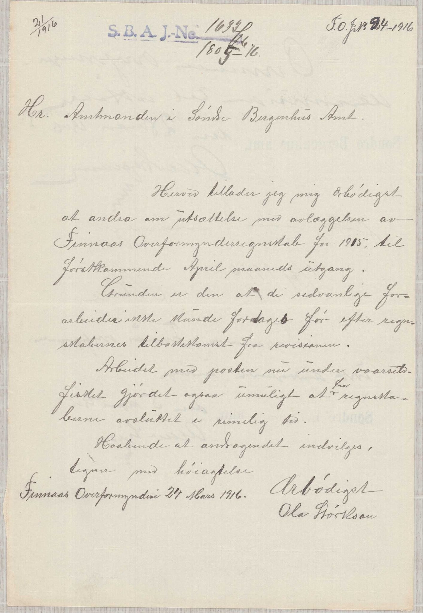 Finnaas kommune. Overformynderiet, IKAH/1218a-812/D/Da/Daa/L0003/0001: Kronologisk ordna korrespondanse / Kronologisk ordna korrespondanse, 1914-1916, p. 95