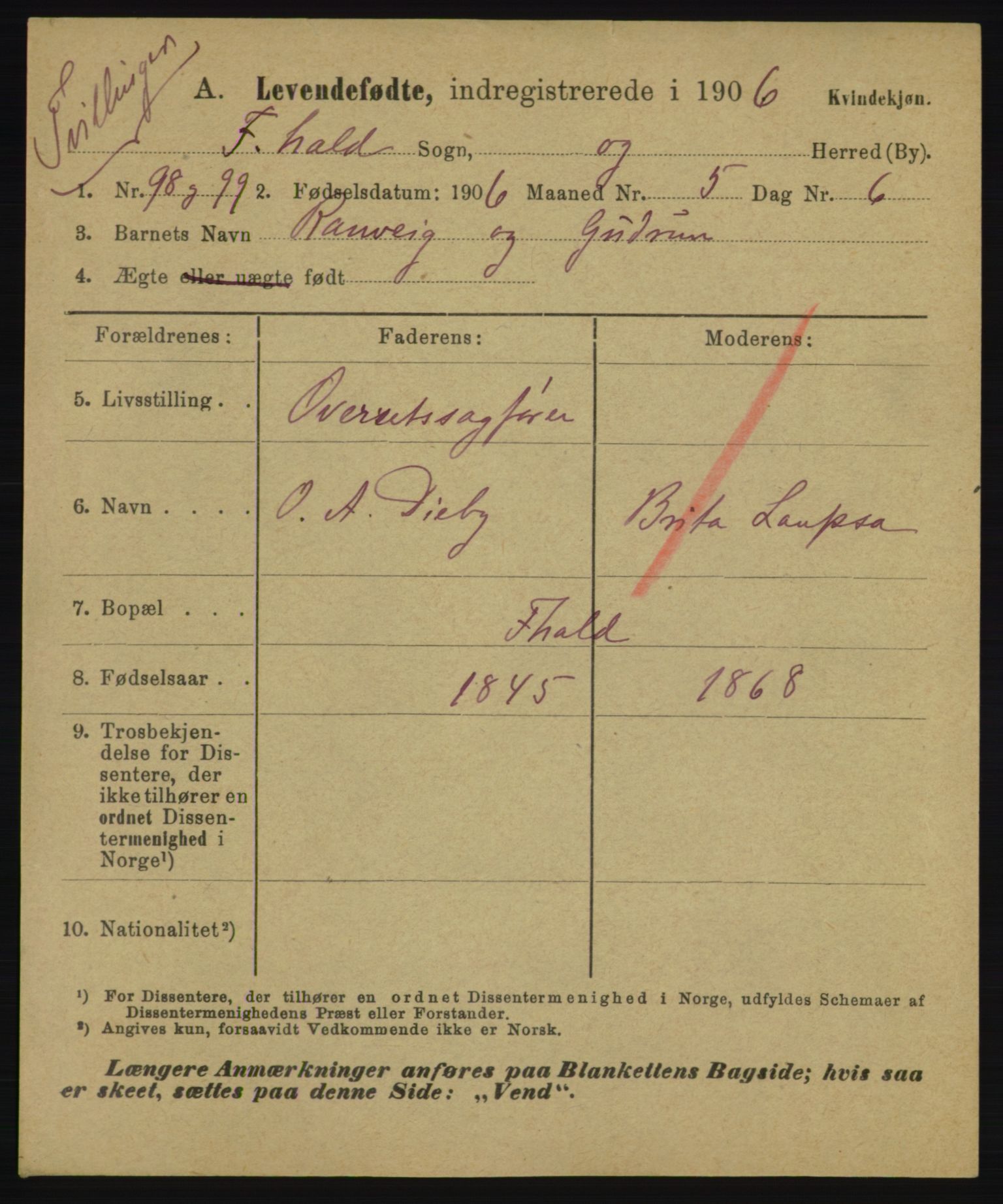 Statistisk sentralbyrå, Sosiodemografiske emner, Befolkning, RA/S-2228/D/Df/Dfa/Dfad/L0050: Summariske oppgaver over gifte, fødte, døde. Bygder., 1906, p. 1229