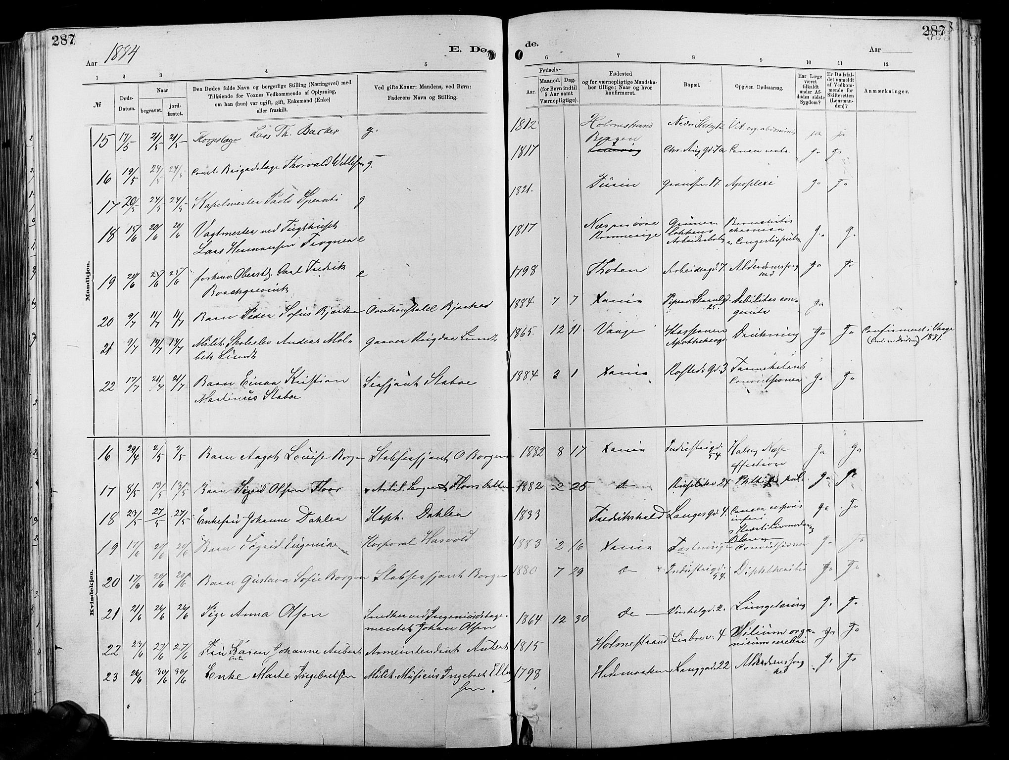 Garnisonsmenigheten Kirkebøker, AV/SAO-A-10846/F/Fa/L0012: Parish register (official) no. 12, 1880-1893, p. 287