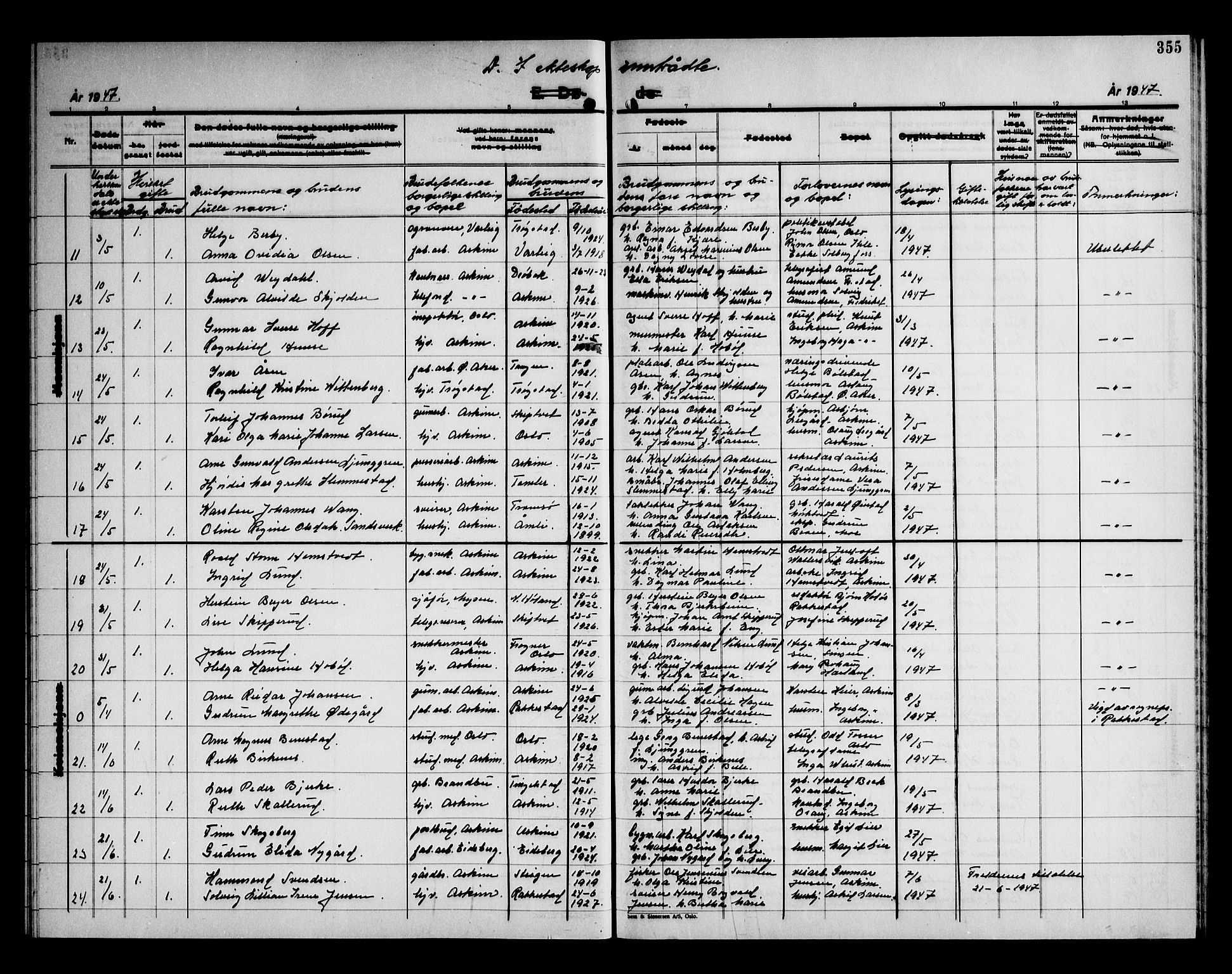 Askim prestekontor Kirkebøker, AV/SAO-A-10900/G/Ga/L0004: Parish register (copy) no. 4, 1938-1947, p. 355