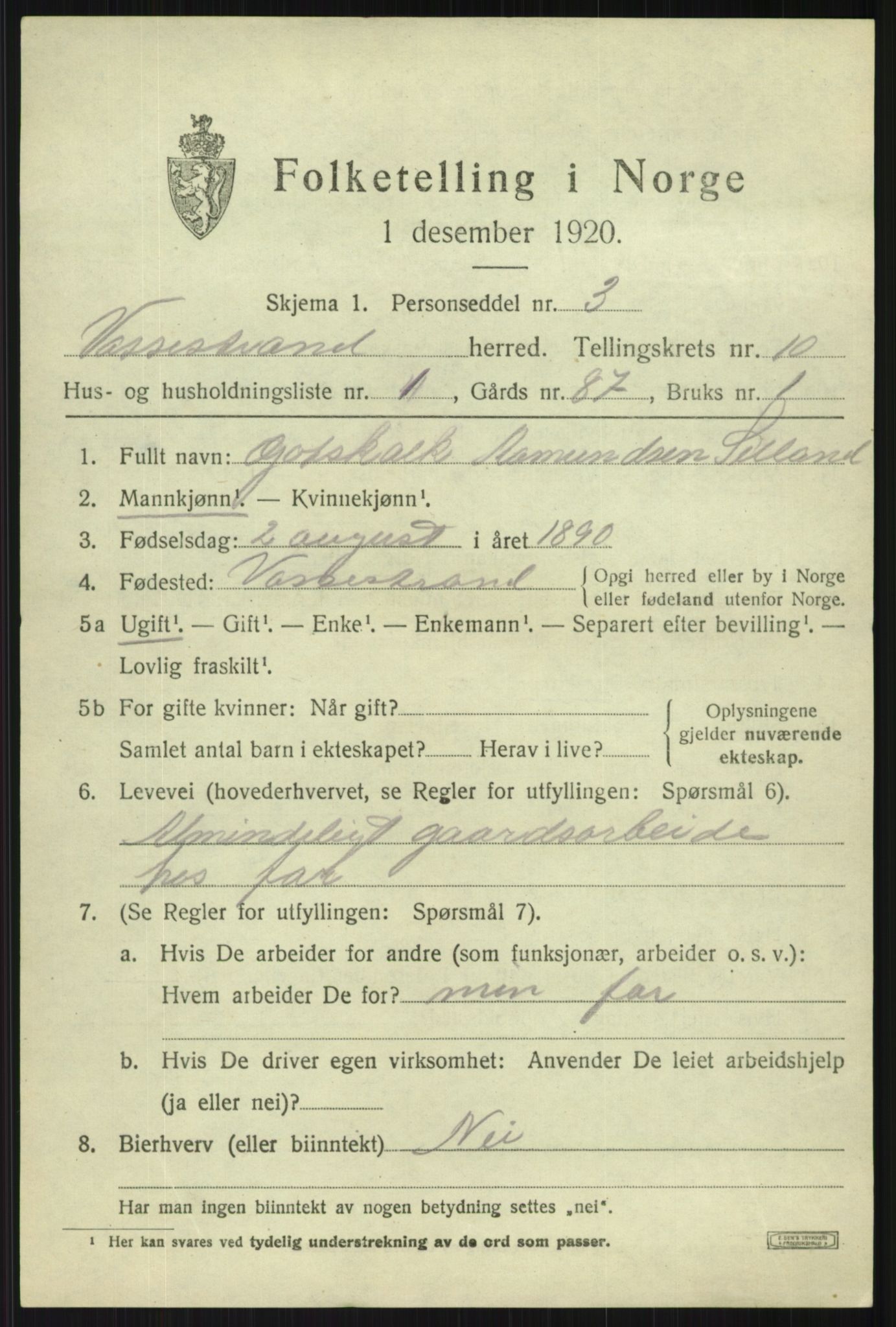 SAB, 1920 census for Vossestrand, 1920, p. 4230