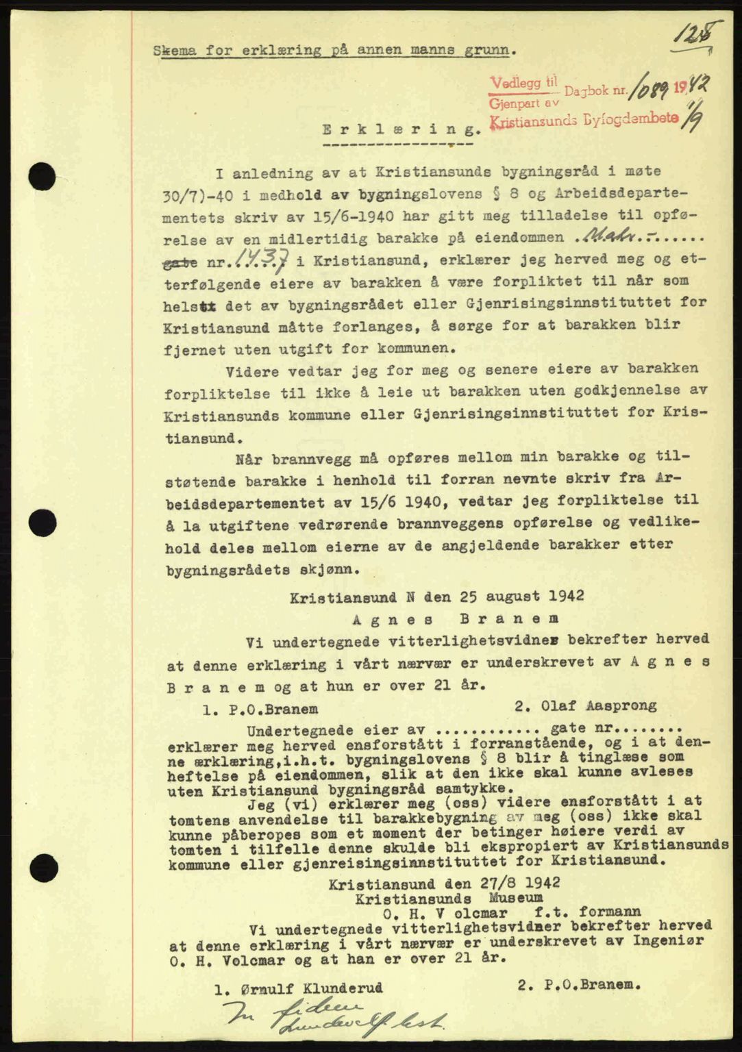 Kristiansund byfogd, SAT/A-4587/A/27: Mortgage book no. 36, 1942-1943, Diary no: : 1089/1942