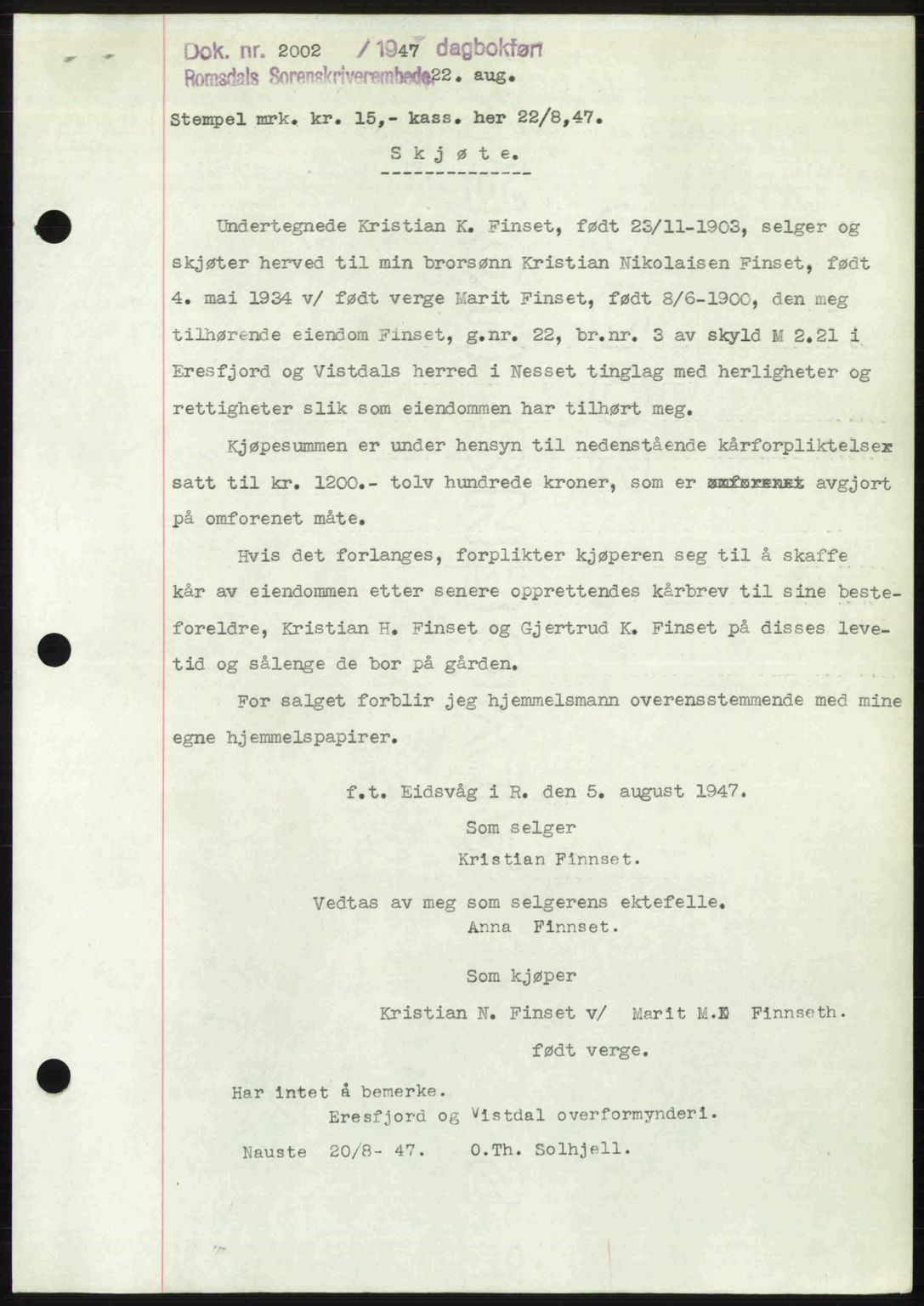 Romsdal sorenskriveri, AV/SAT-A-4149/1/2/2C: Mortgage book no. A23, 1947-1947, Diary no: : 2002/1947