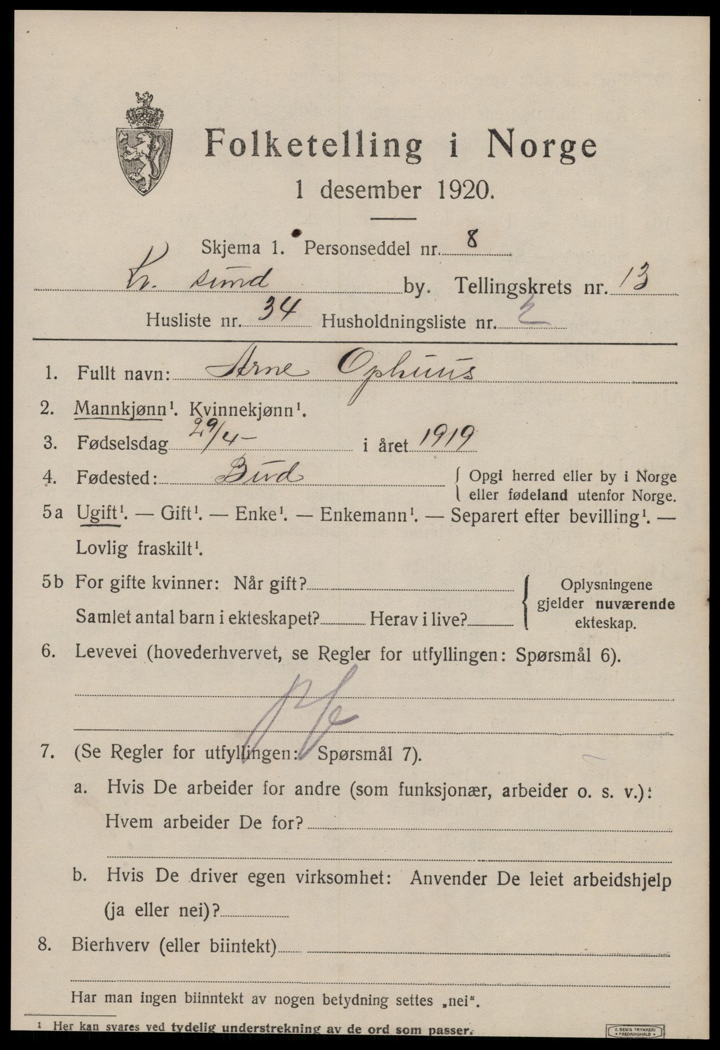 SAT, 1920 census for Kristiansund, 1920, p. 27493