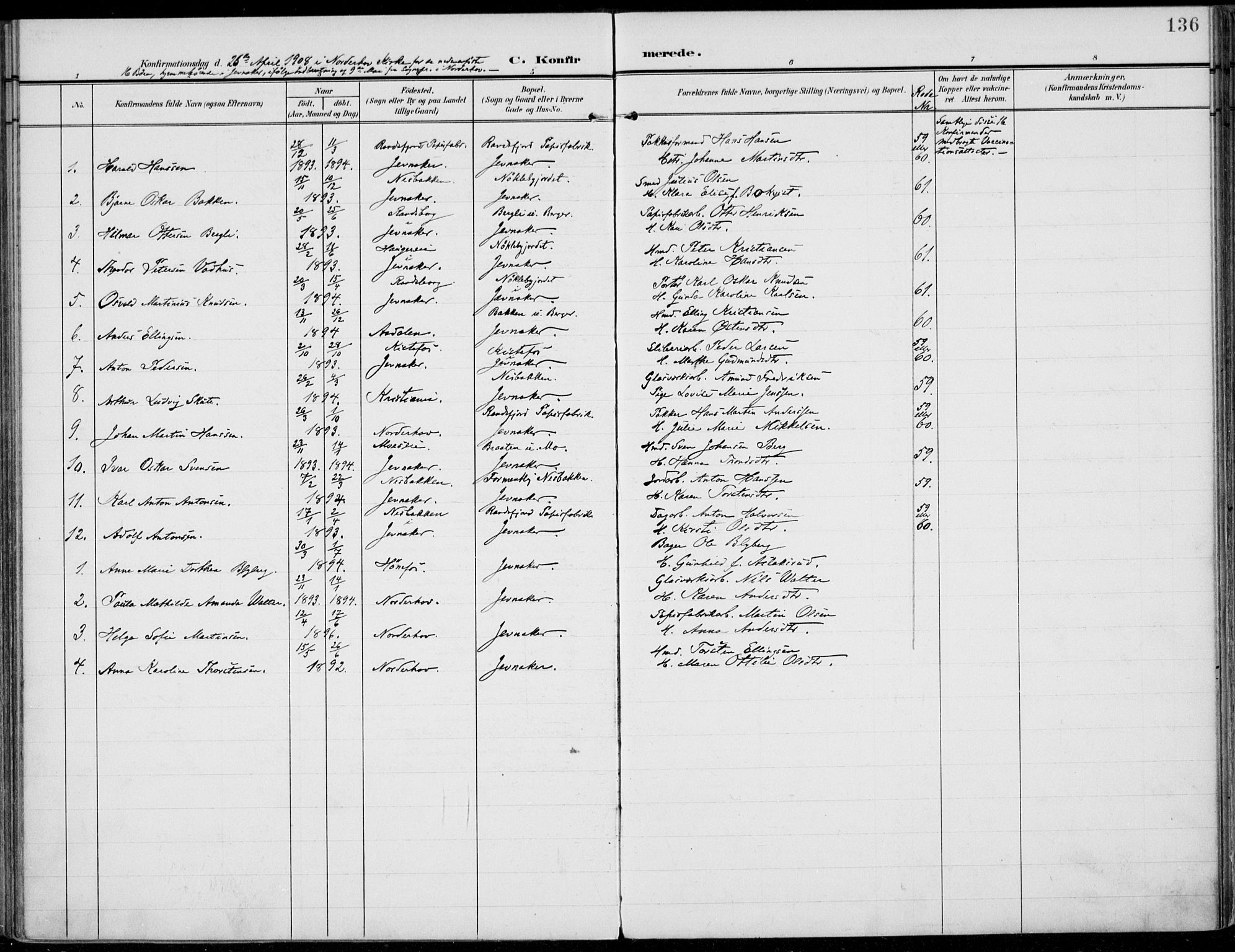 Jevnaker prestekontor, AV/SAH-PREST-116/H/Ha/Haa/L0011: Parish register (official) no. 11, 1902-1913, p. 136