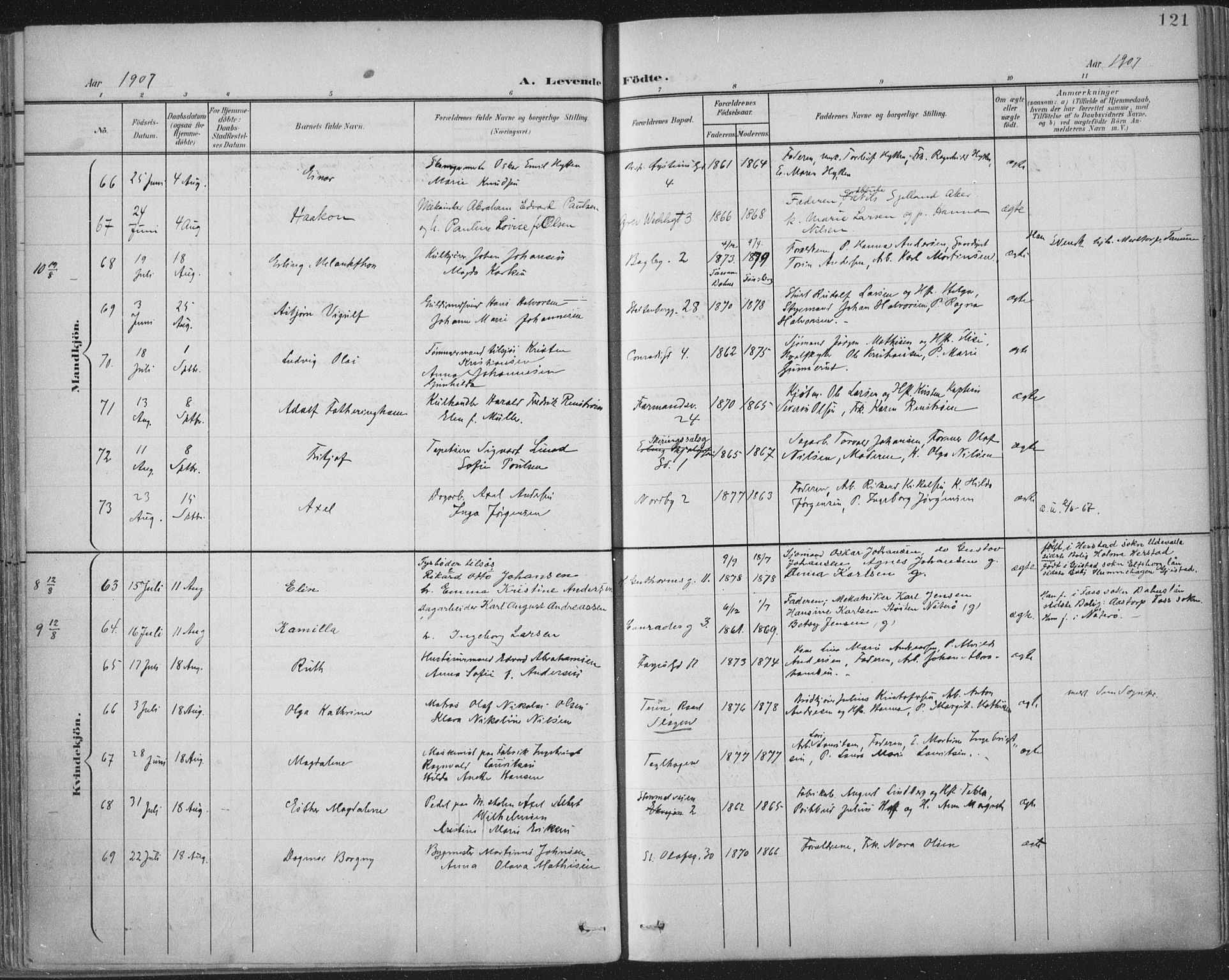 Tønsberg kirkebøker, SAKO/A-330/F/Fa/L0014: Parish register (official) no. I 14, 1900-1913, p. 121