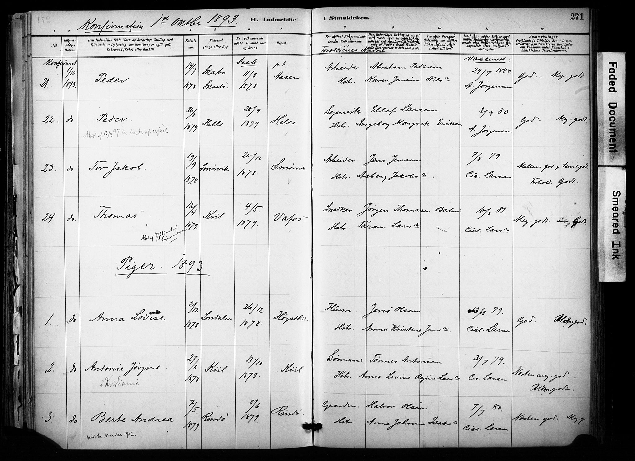 Sannidal kirkebøker, AV/SAKO-A-296/F/Fa/L0015: Parish register (official) no. 15, 1884-1899, p. 271