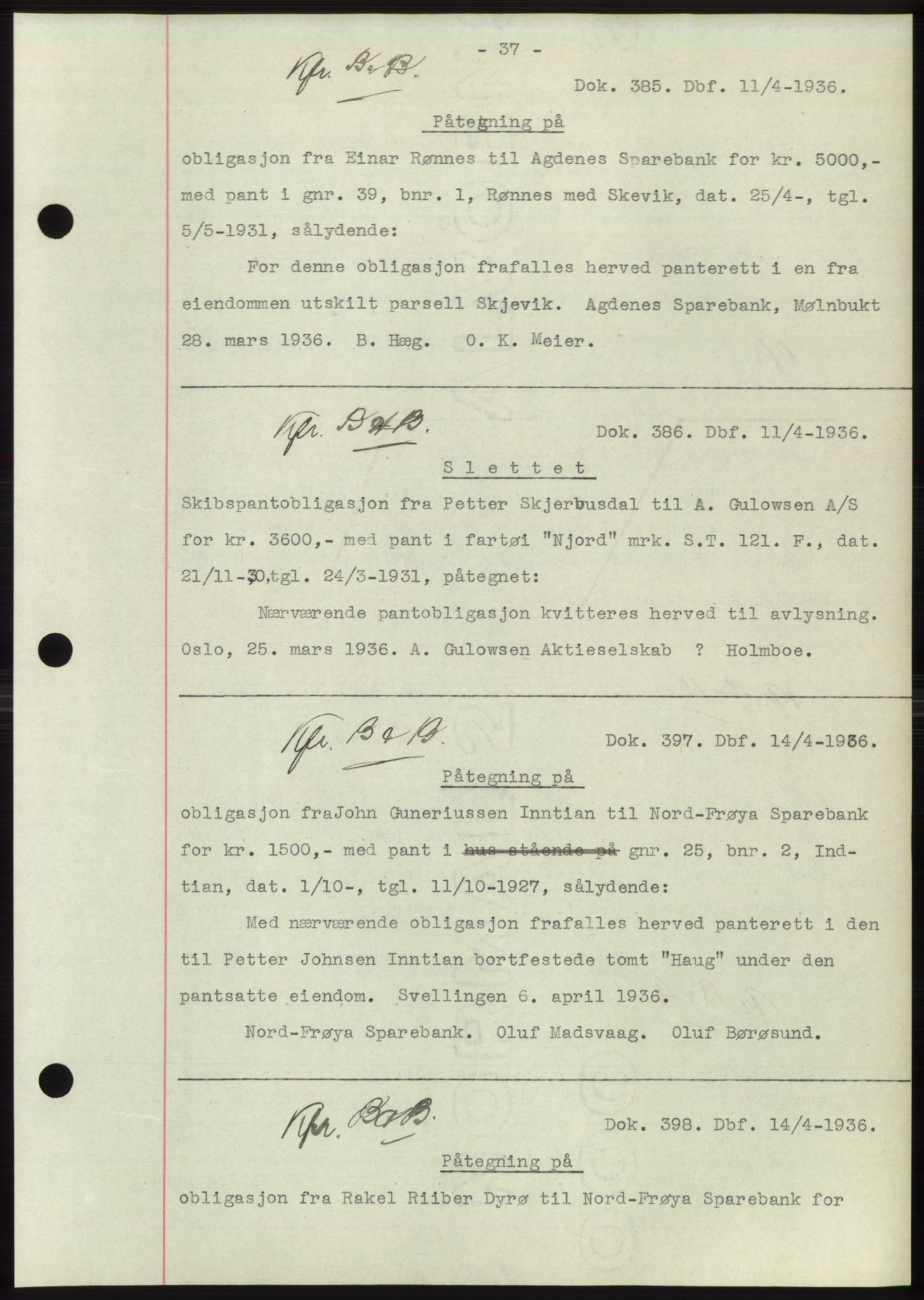 Hitra sorenskriveri, AV/SAT-A-0018/2/2C/2Ca: Mortgage book no. C1, 1936-1945, Diary no: : 385/1936