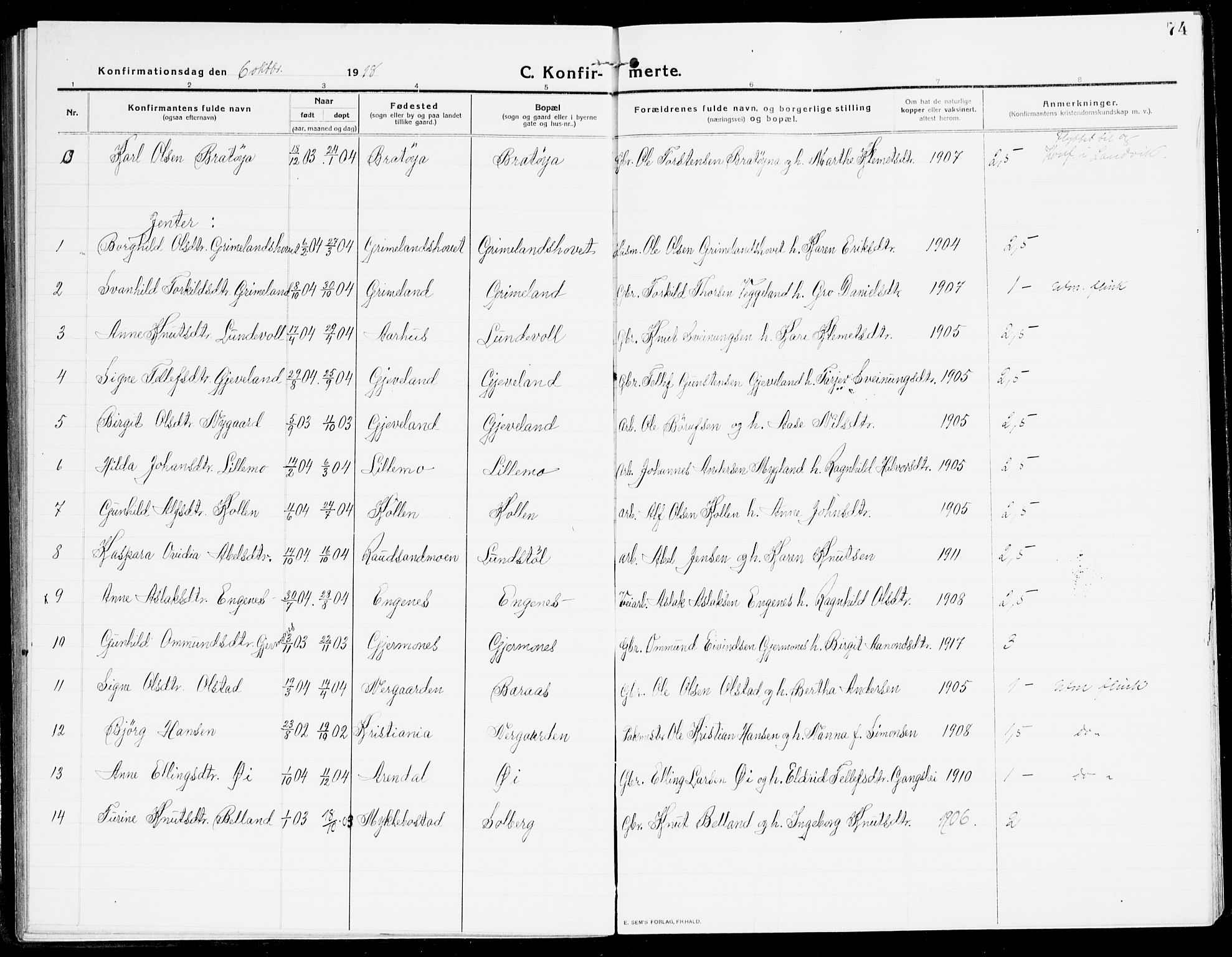 Åmli sokneprestkontor, SAK/1111-0050/F/Fa/Fac/L0013: Parish register (official) no. A 13, 1914-1933, p. 74