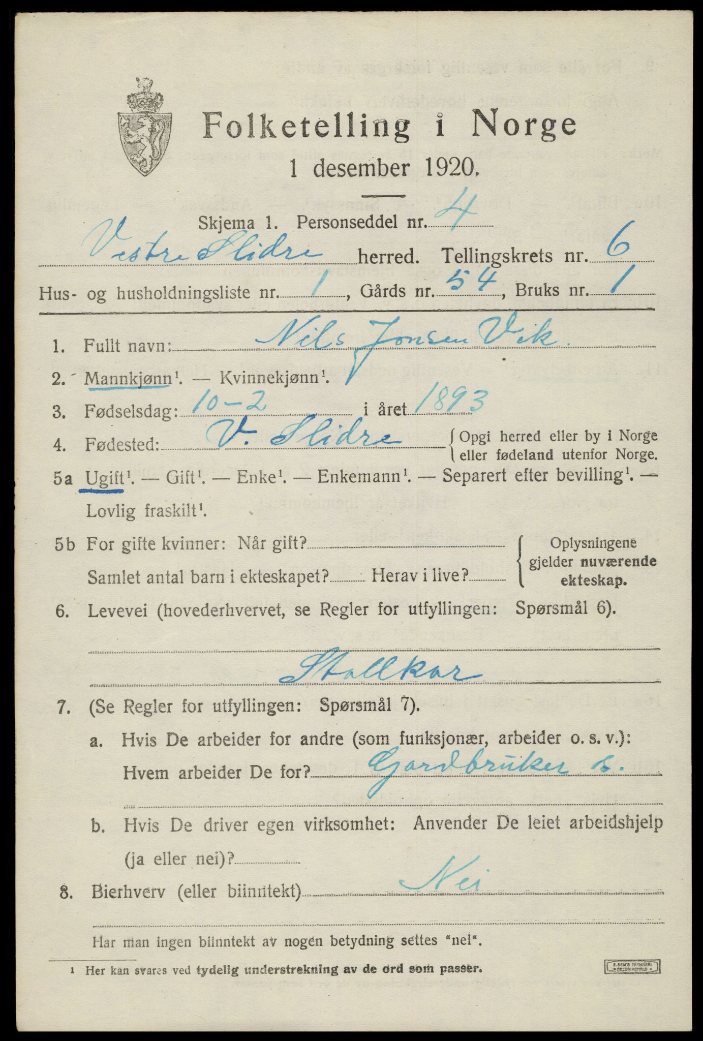 SAH, 1920 census for Vestre Slidre, 1920, p. 3262