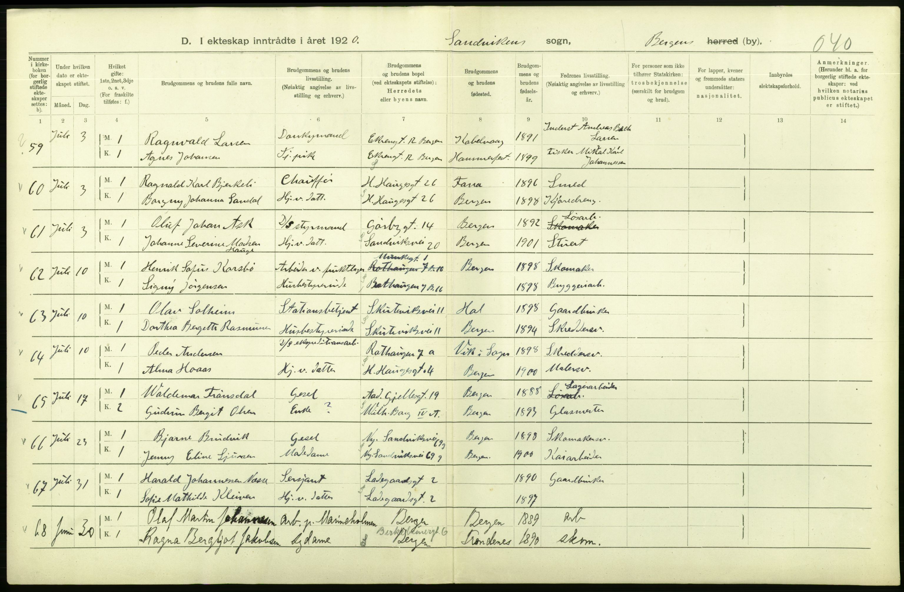 Statistisk sentralbyrå, Sosiodemografiske emner, Befolkning, AV/RA-S-2228/D/Df/Dfb/Dfbj/L0042: Bergen: Gifte, døde, dødfødte., 1920, p. 72