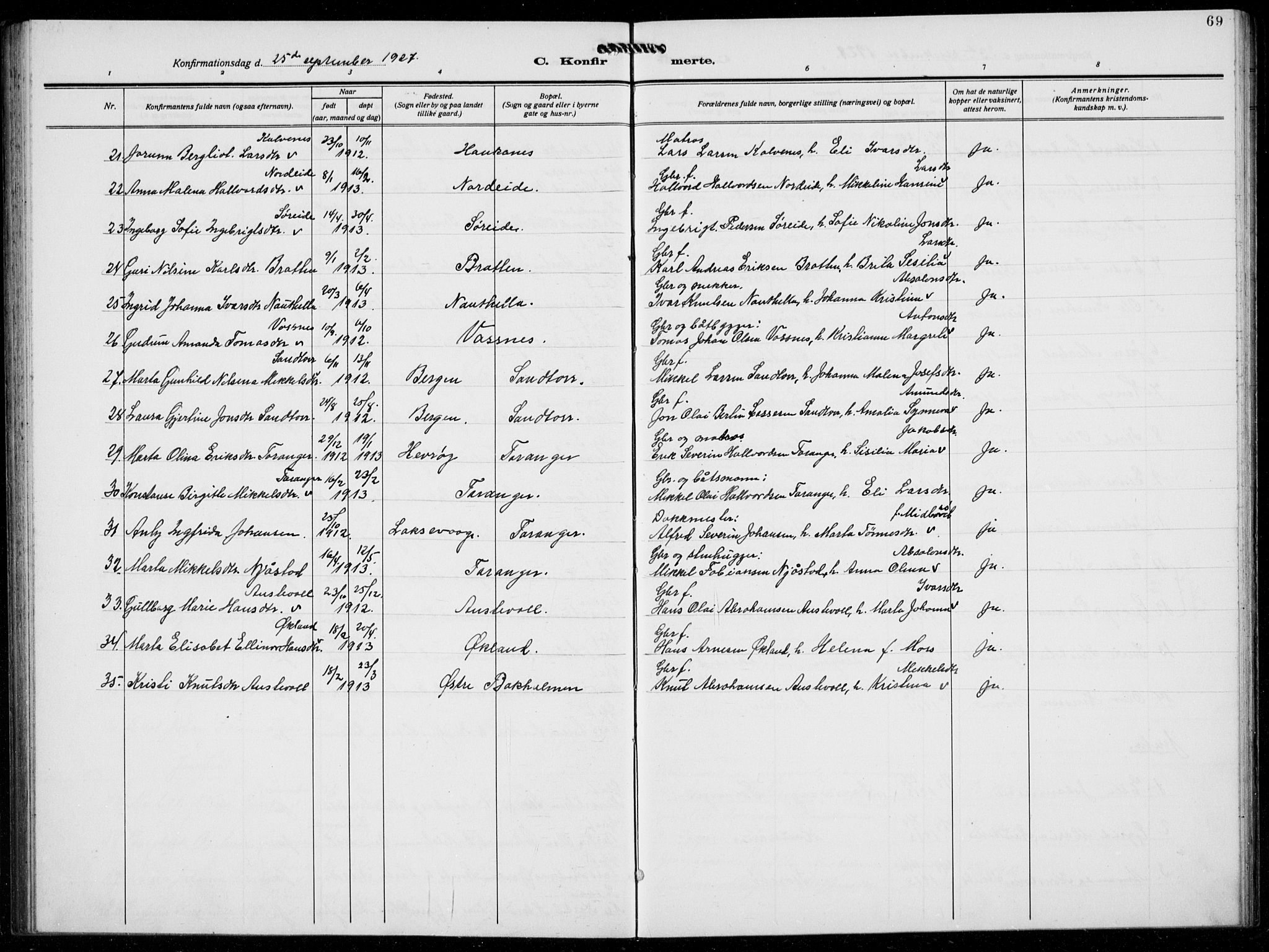 Austevoll sokneprestembete, AV/SAB-A-74201/H/Ha/Hab/Haba/L0006: Parish register (copy) no. A  6, 1925-1938, p. 69