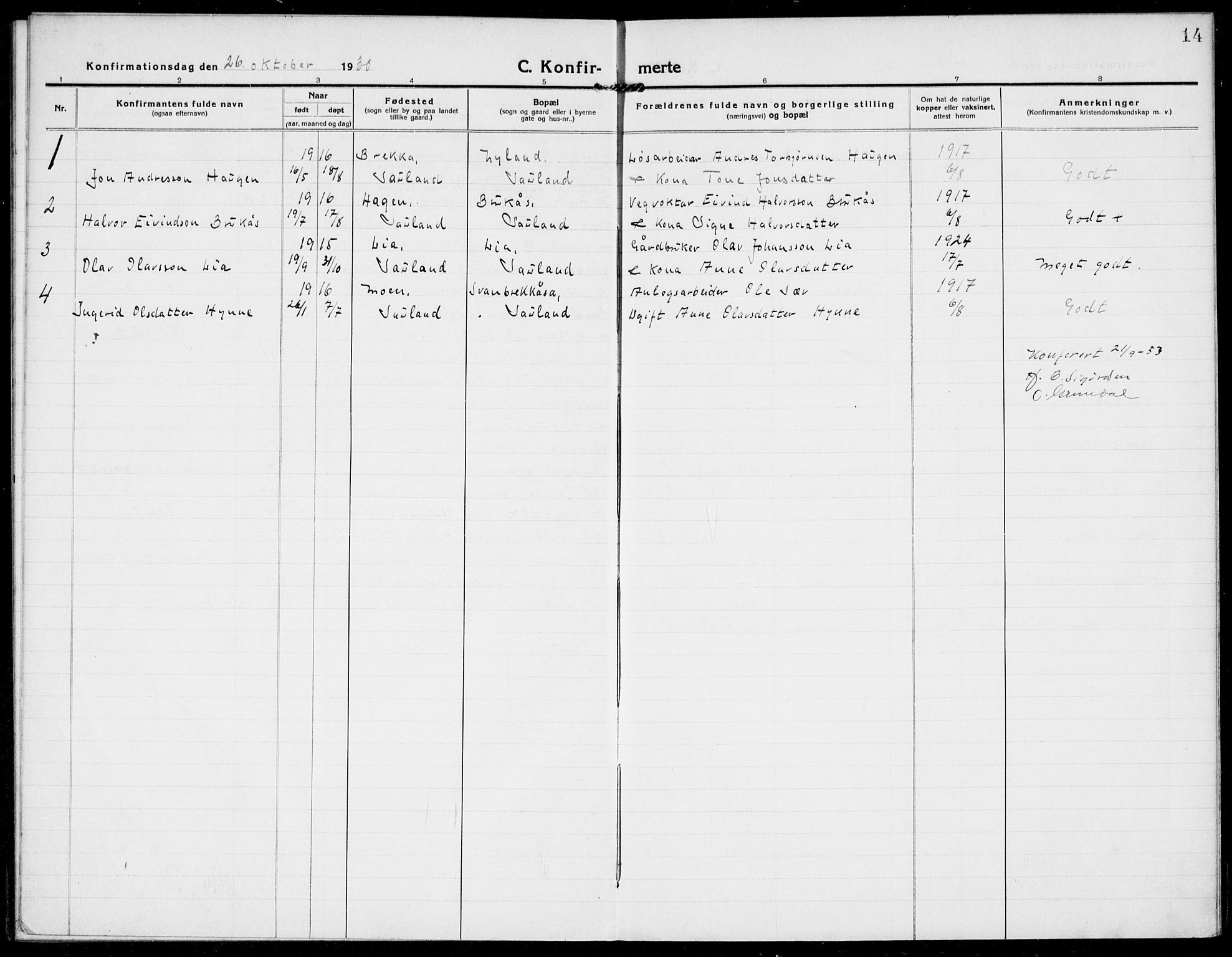Hjartdal kirkebøker, SAKO/A-270/F/Fb/L0003: Parish register (official) no. II 3, 1920-1932, p. 14