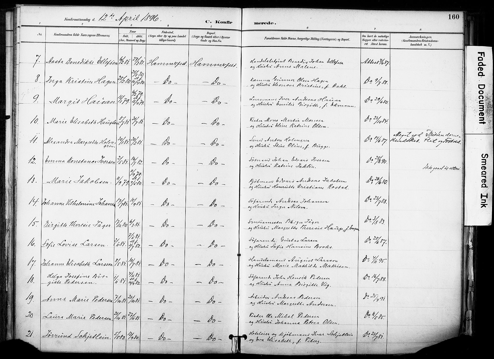 Hammerfest sokneprestkontor, AV/SATØ-S-1347/H/Ha/L0009.kirke: Parish register (official) no. 9, 1889-1897, p. 160