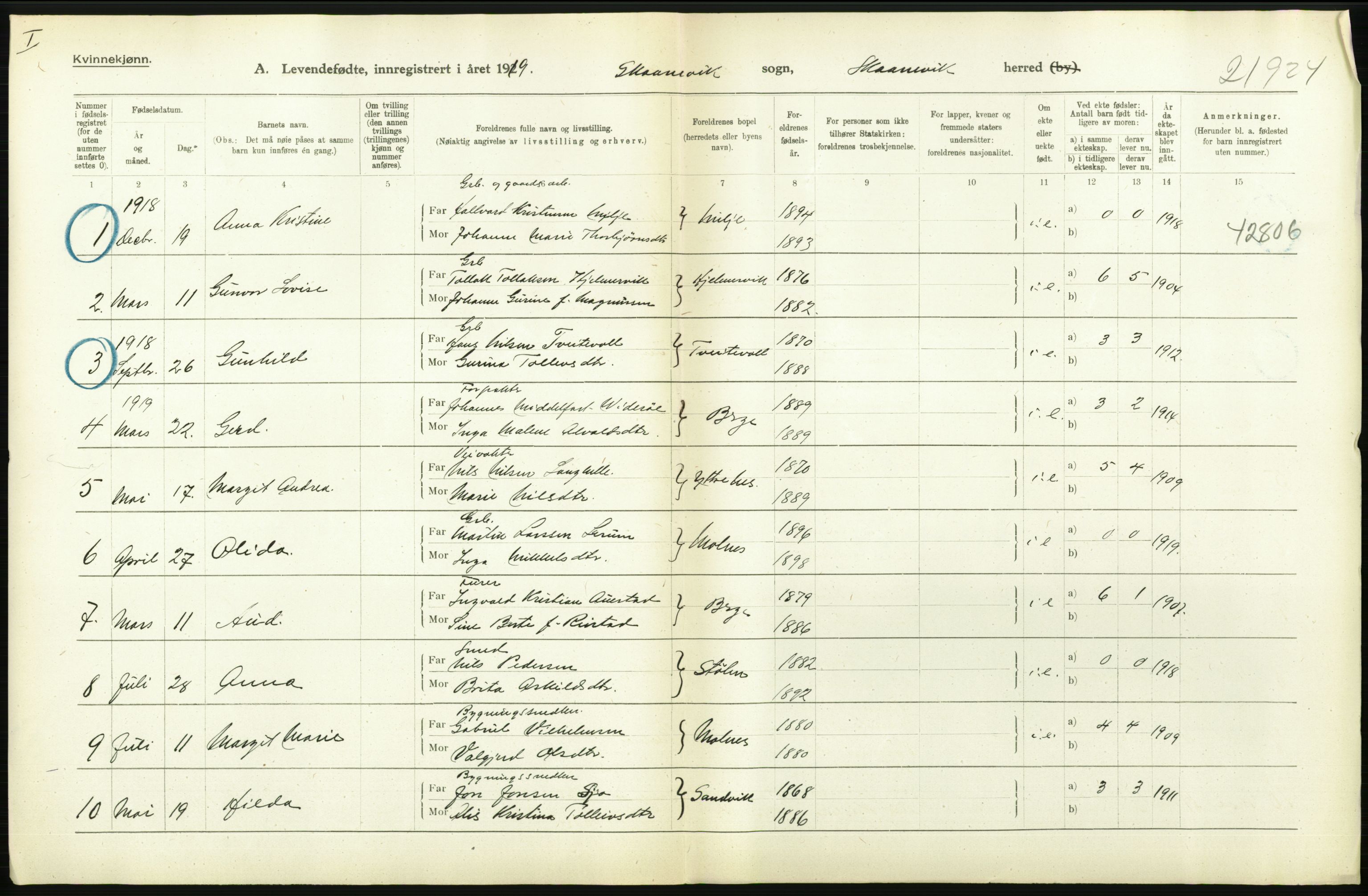 Statistisk sentralbyrå, Sosiodemografiske emner, Befolkning, AV/RA-S-2228/D/Df/Dfb/Dfbi/L0031: Hordaland fylke: Levendefødte menn og kvinner. Bygder., 1919, p. 552