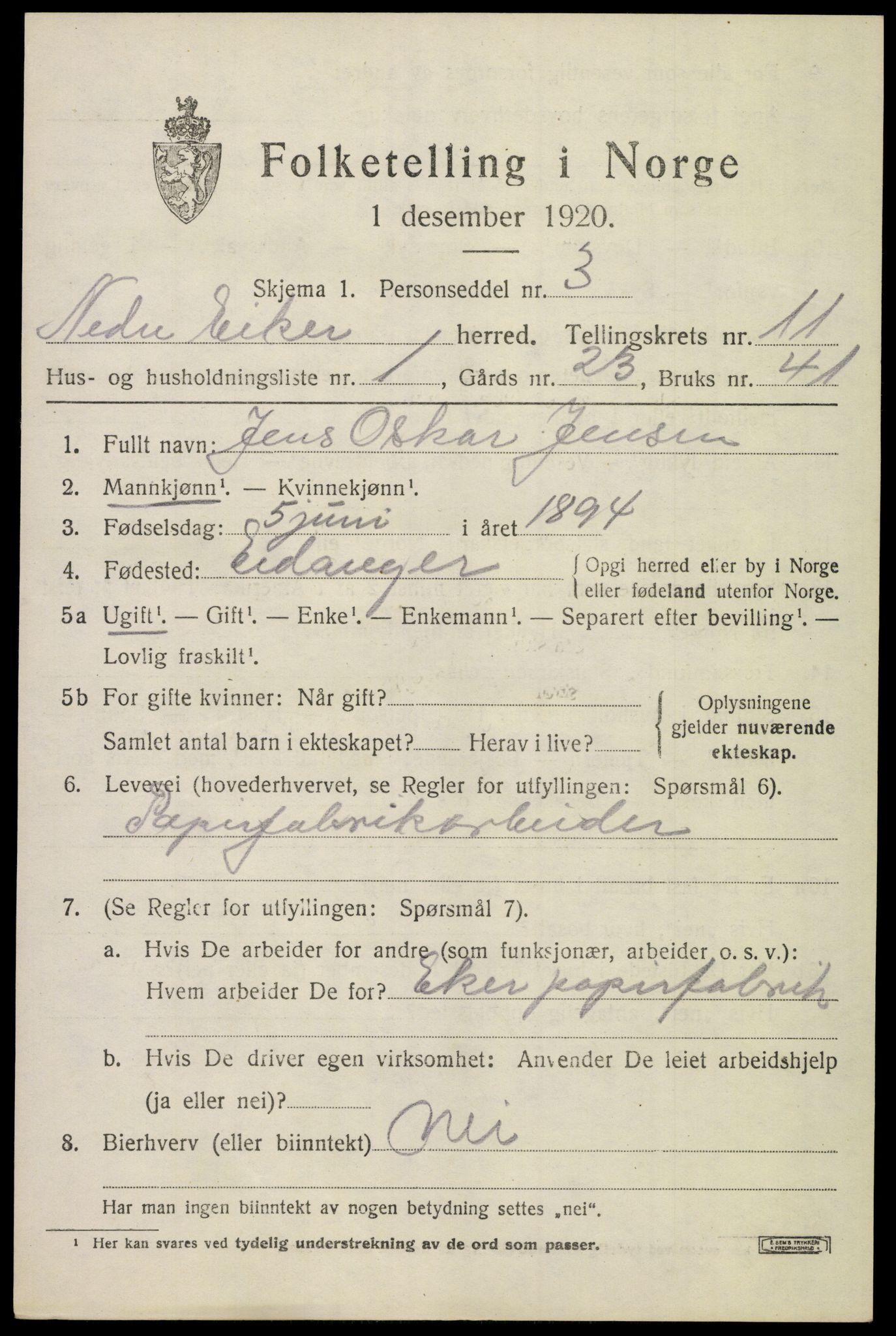 SAKO, 1920 census for Nedre Eiker, 1920, p. 11051