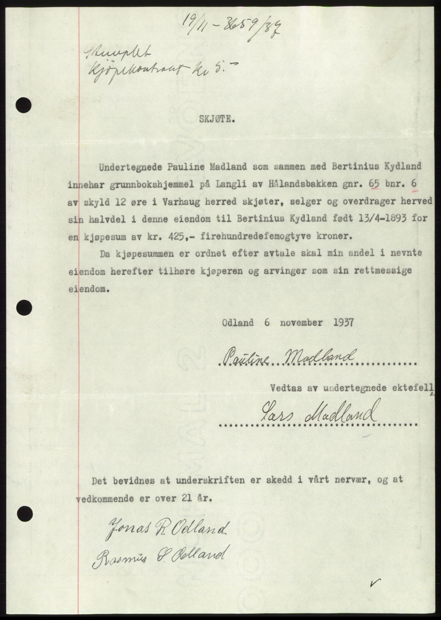 Jæren sorenskriveri, SAST/A-100310/03/G/Gba/L0069: Mortgage book, 1937-1937, Diary no: : 3659/1937