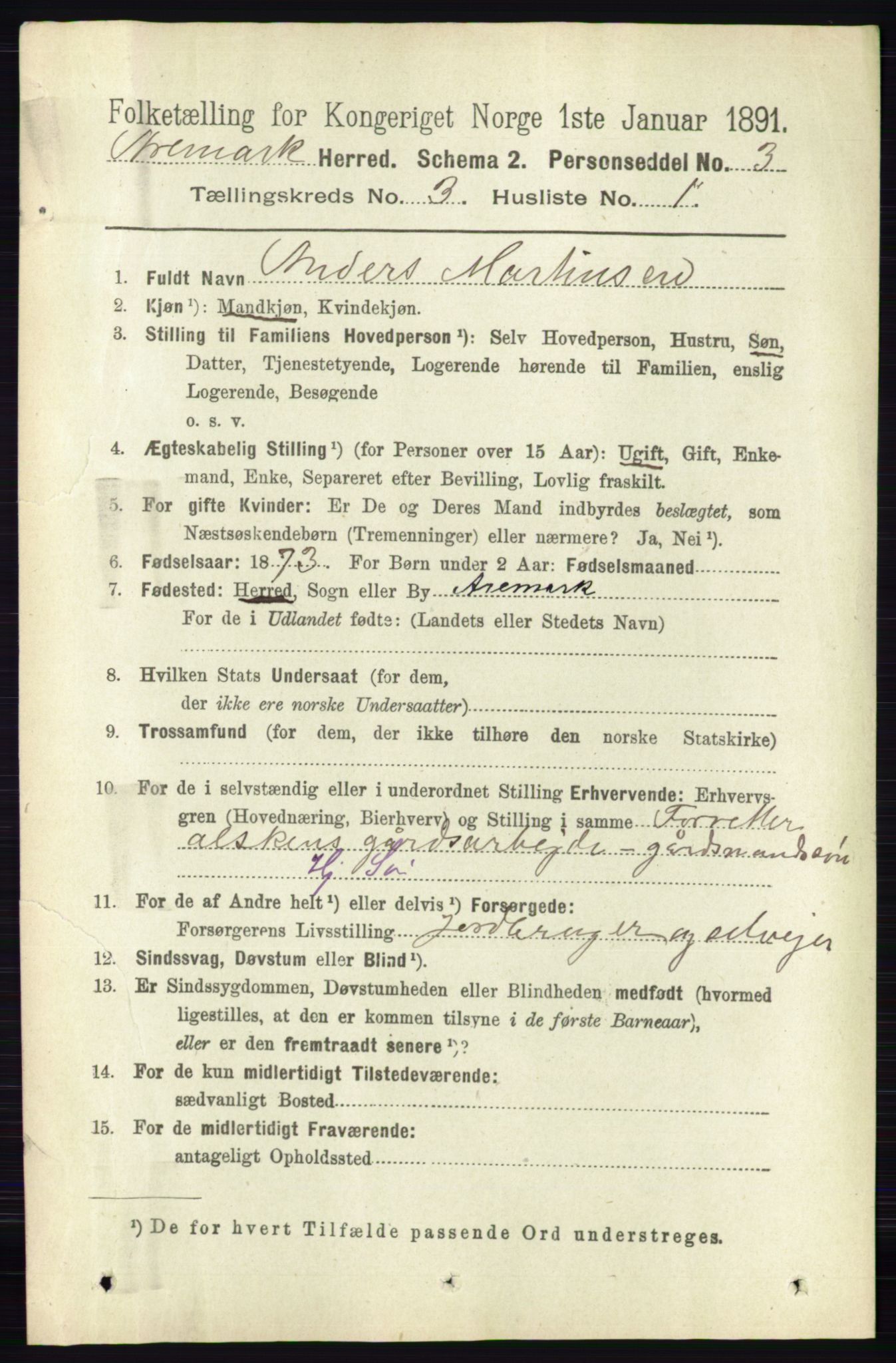 RA, 1891 census for 0118 Aremark, 1891, p. 1408