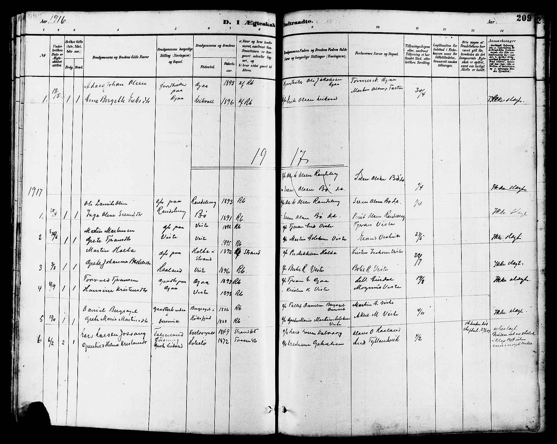 Hetland sokneprestkontor, AV/SAST-A-101826/30/30BB/L0006: Parish register (copy) no. B 6, 1878-1921, p. 209