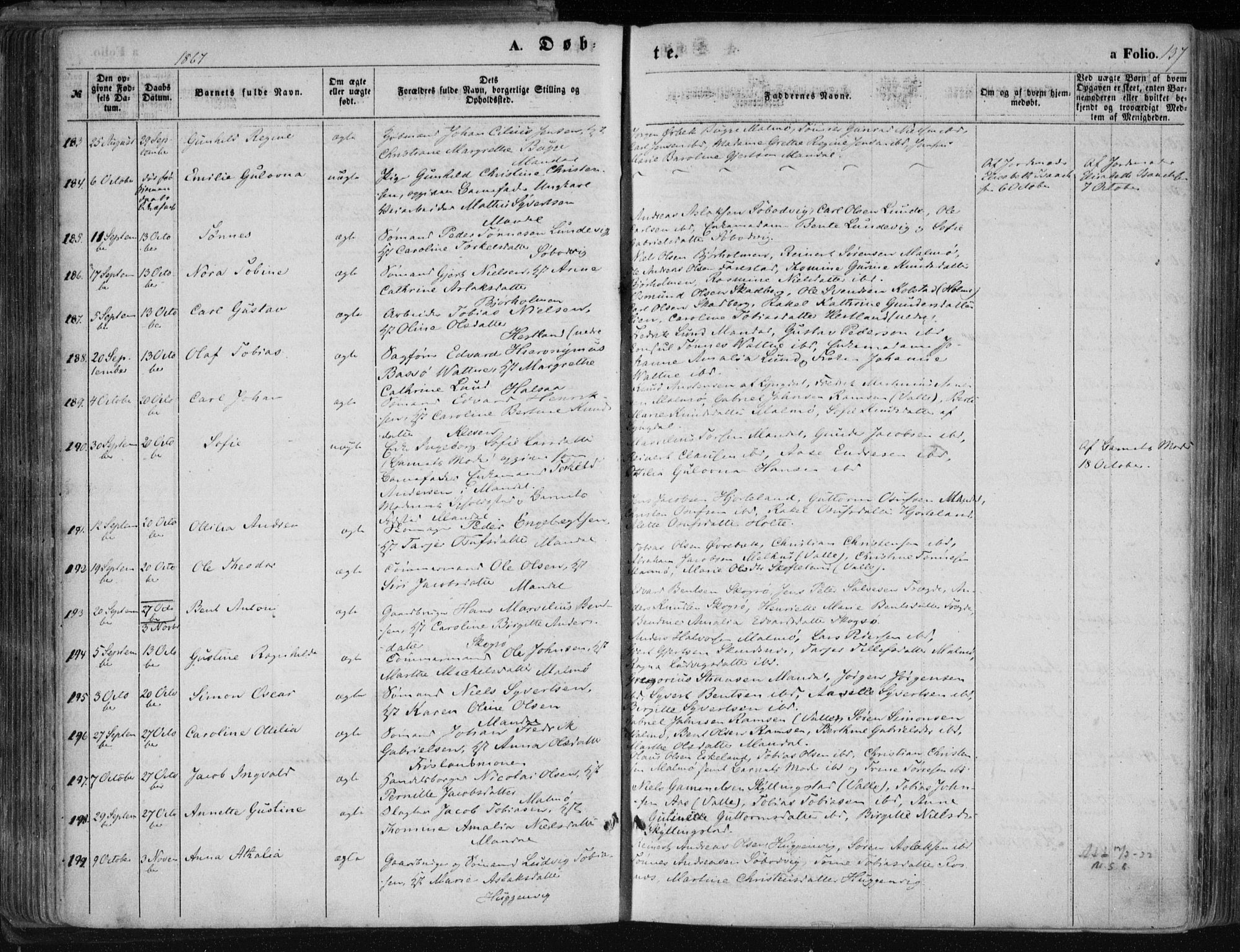 Mandal sokneprestkontor, AV/SAK-1111-0030/F/Fa/Faa/L0014: Parish register (official) no. A 14, 1859-1872, p. 137