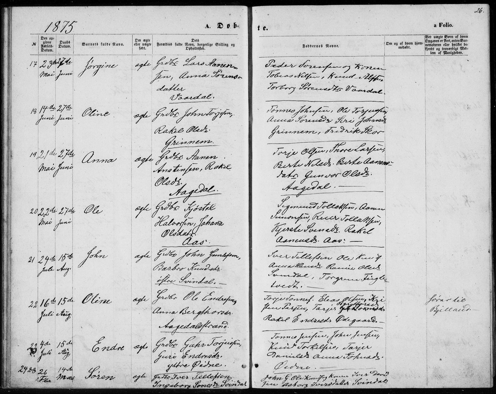 Bjelland sokneprestkontor, SAK/1111-0005/F/Fb/Fbc/L0002: Parish register (copy) no. B 2, 1867-1887, p. 26