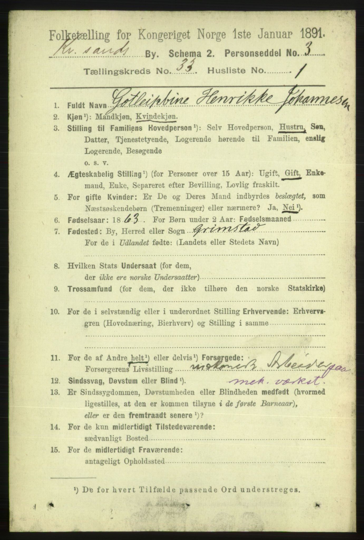 RA, 1891 census for 1001 Kristiansand, 1891, p. 10690