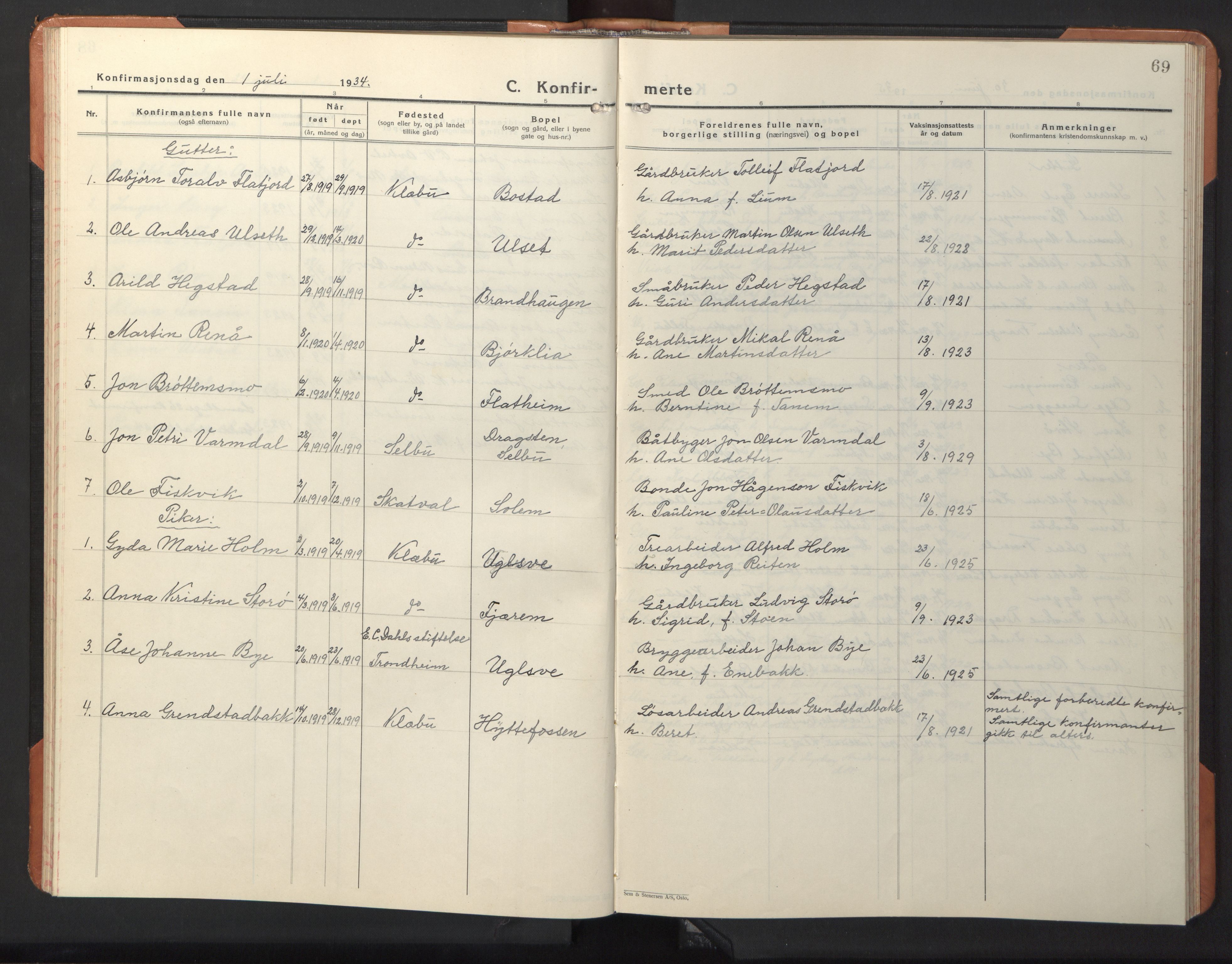 Ministerialprotokoller, klokkerbøker og fødselsregistre - Sør-Trøndelag, SAT/A-1456/618/L0454: Parish register (copy) no. 618C05, 1926-1946, p. 69
