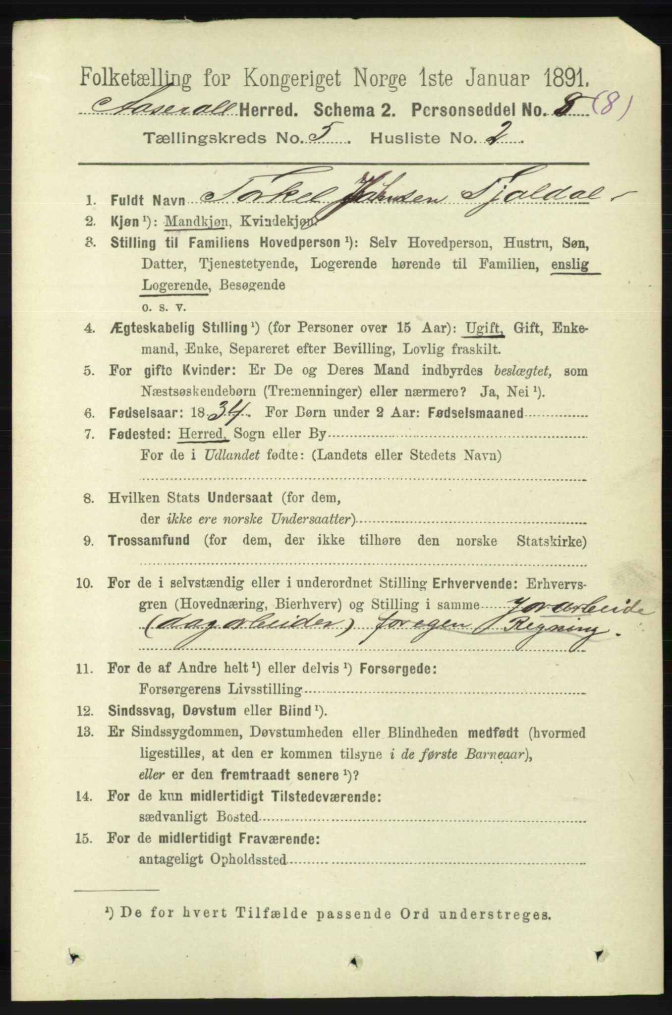 RA, 1891 census for 1026 Åseral, 1891, p. 1463