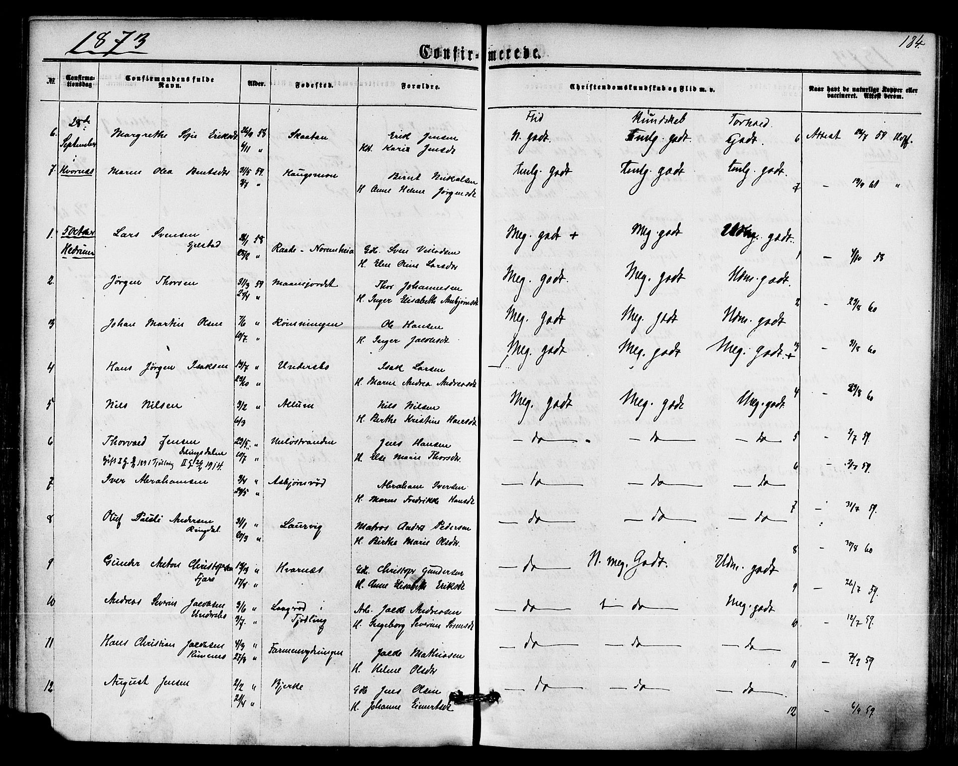 Hedrum kirkebøker, AV/SAKO-A-344/F/Fa/L0008: Parish register (official) no. I 8, 1869-1880, p. 184