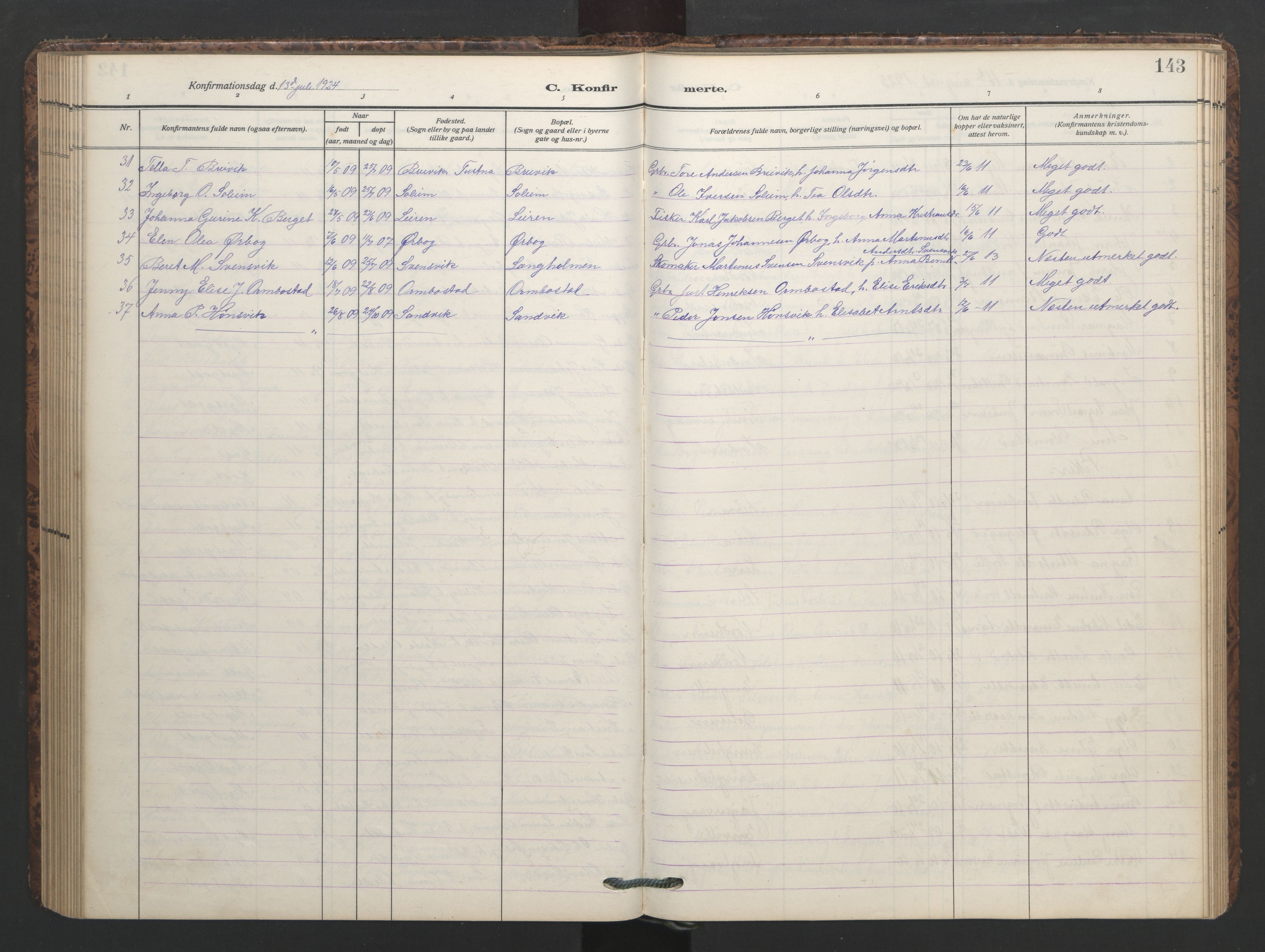 Ministerialprotokoller, klokkerbøker og fødselsregistre - Møre og Romsdal, AV/SAT-A-1454/577/L0897: Parish register (copy) no. 577C01, 1909-1946, p. 143