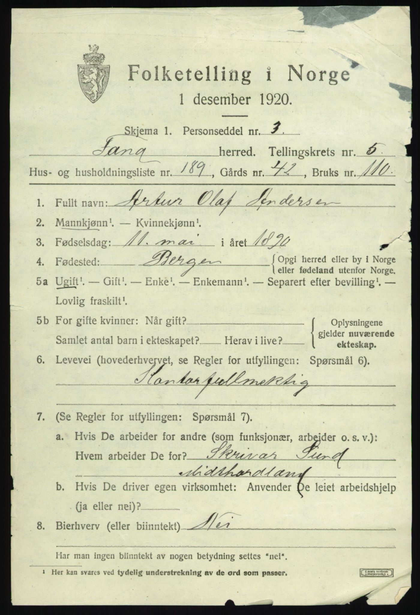 SAB, 1920 census for Fana, 1920, p. 10119