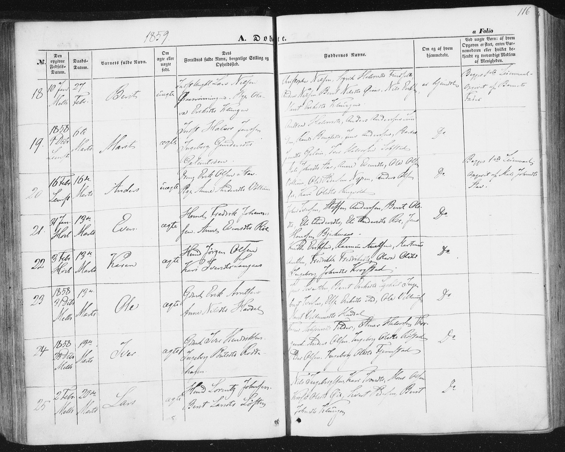 Ministerialprotokoller, klokkerbøker og fødselsregistre - Sør-Trøndelag, SAT/A-1456/691/L1076: Parish register (official) no. 691A08, 1852-1861, p. 116