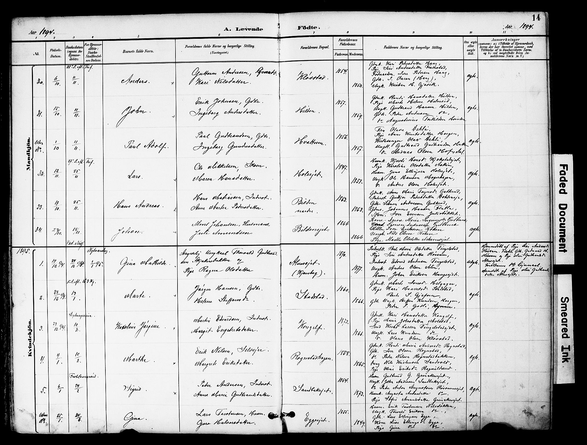 Brandbu prestekontor, SAH/PREST-114/H/Ha/Hab/L0006: Parish register (copy) no. 6, 1893-1902, p. 14