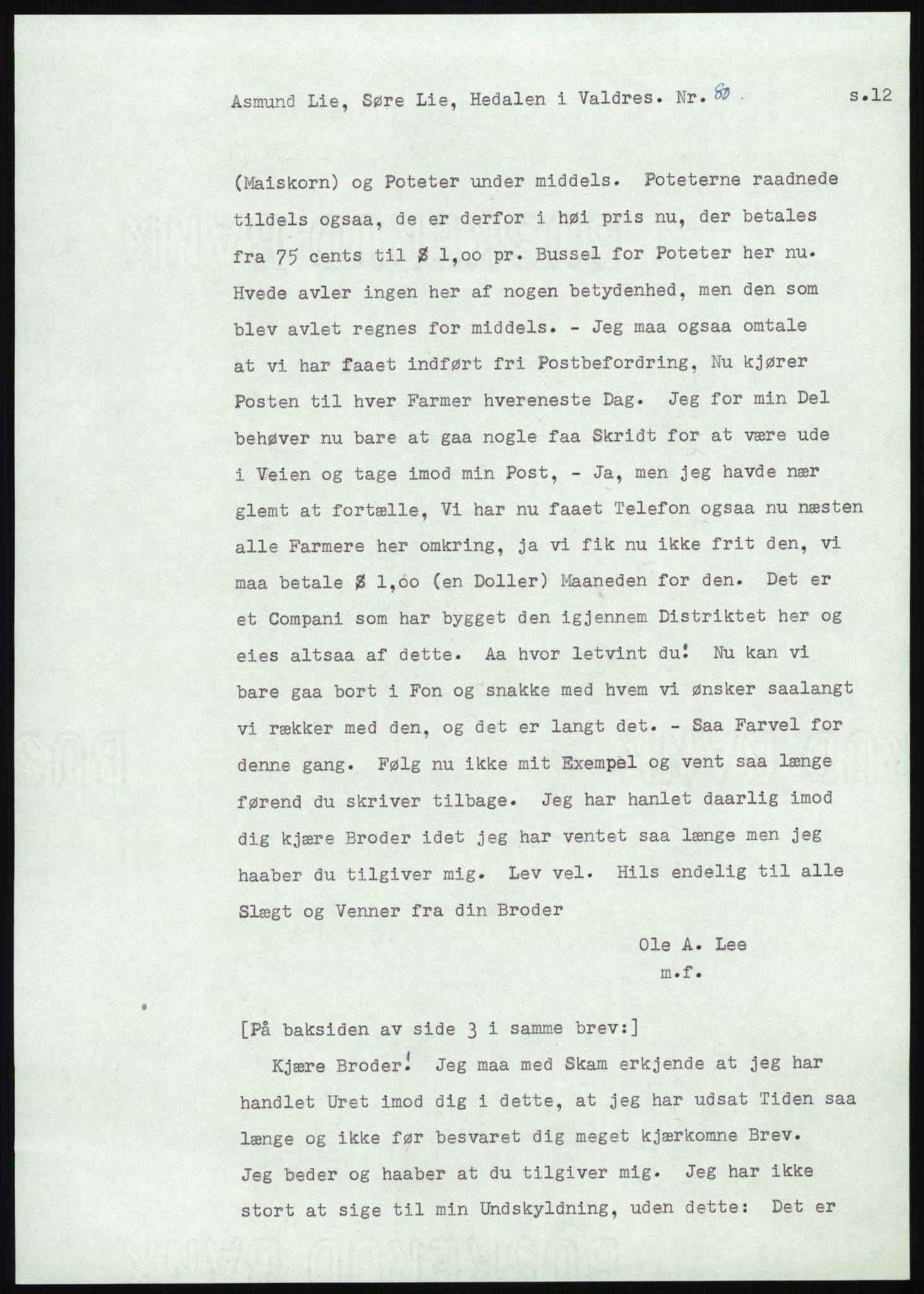 Samlinger til kildeutgivelse, Amerikabrevene, AV/RA-EA-4057/F/L0013: Innlån fra Oppland: Lie (brevnr 79-115) - Nordrum, 1838-1914, p. 37