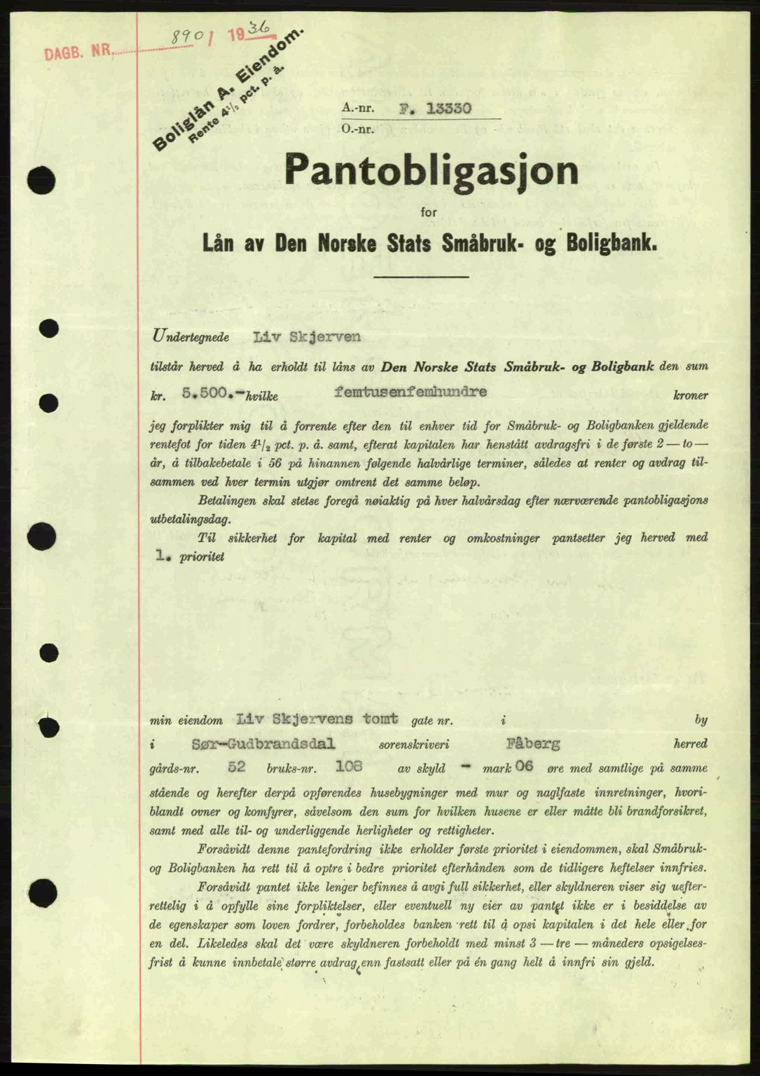 Sør-Gudbrandsdal tingrett, SAH/TING-004/H/Hb/Hbe/L0001: Mortgage book no. B1, 1936-1939, Diary no: : 890/1936