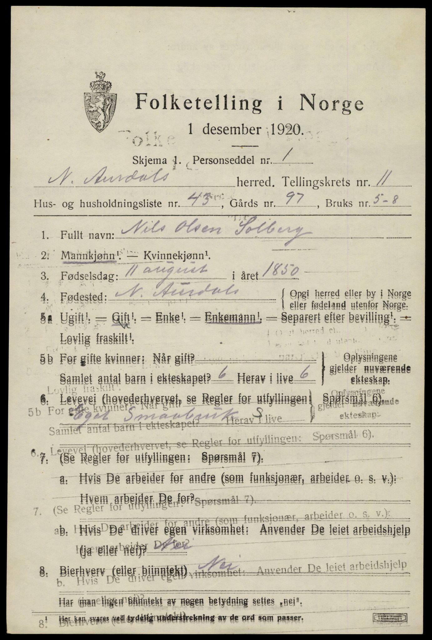 SAH, 1920 census for Nord-Aurdal, 1920, p. 8870