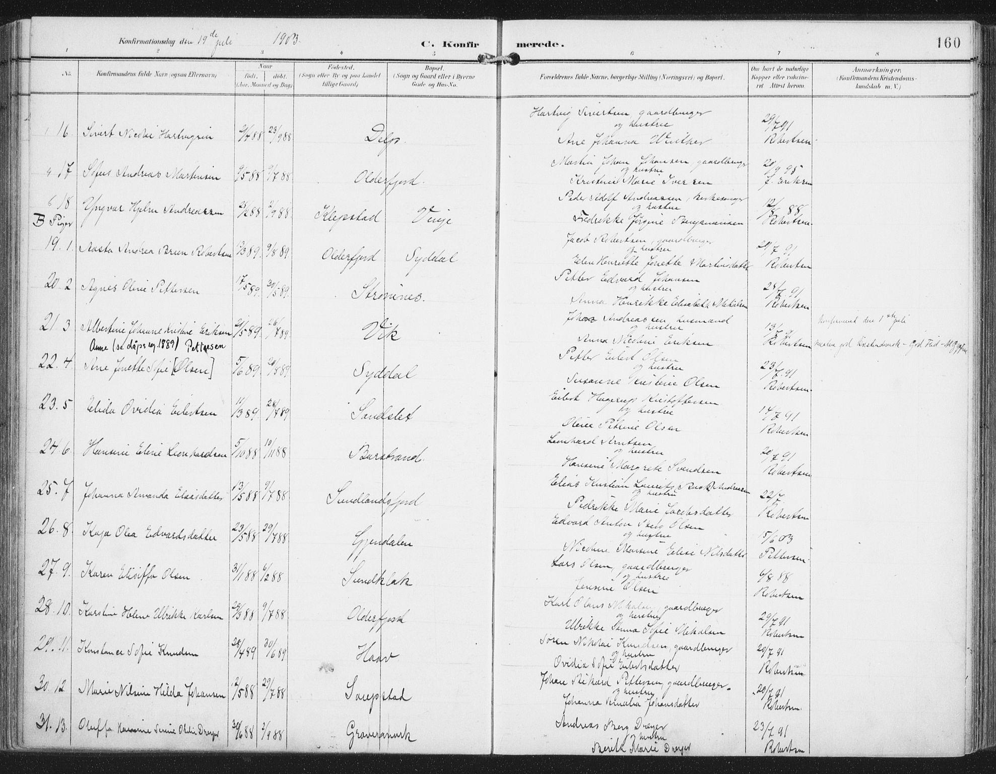 Ministerialprotokoller, klokkerbøker og fødselsregistre - Nordland, SAT/A-1459/876/L1098: Parish register (official) no. 876A04, 1896-1915, p. 160