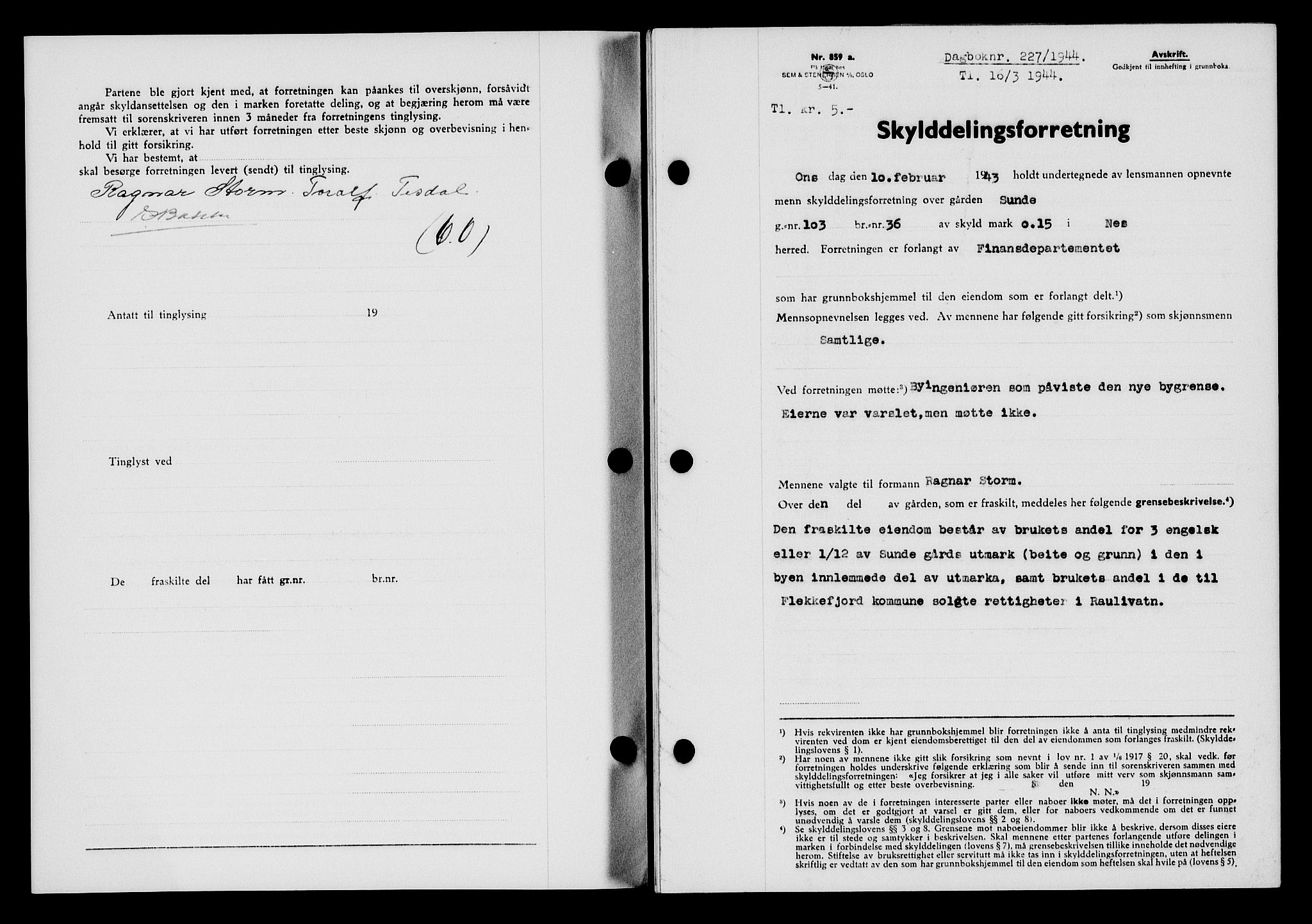 Flekkefjord sorenskriveri, SAK/1221-0001/G/Gb/Gba/L0059: Mortgage book no. A-7, 1944-1945, Diary no: : 227/1944