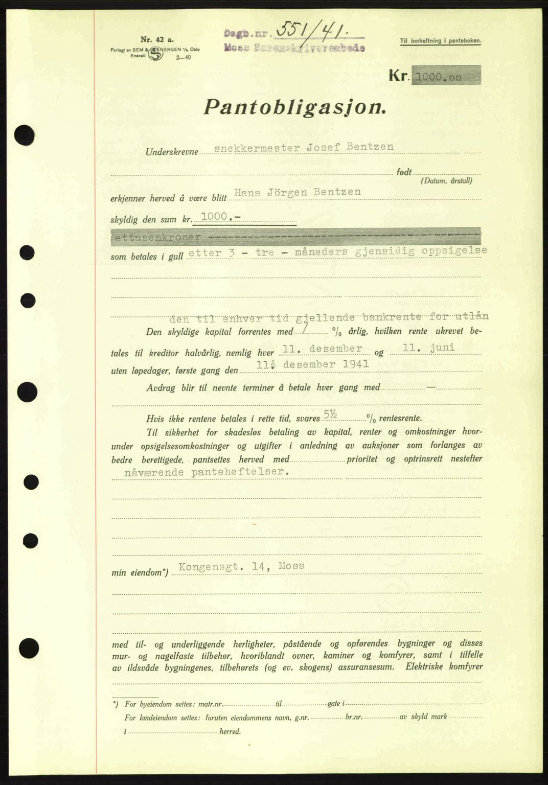 Moss sorenskriveri, SAO/A-10168: Mortgage book no. B10, 1940-1941, Diary no: : 551/1941