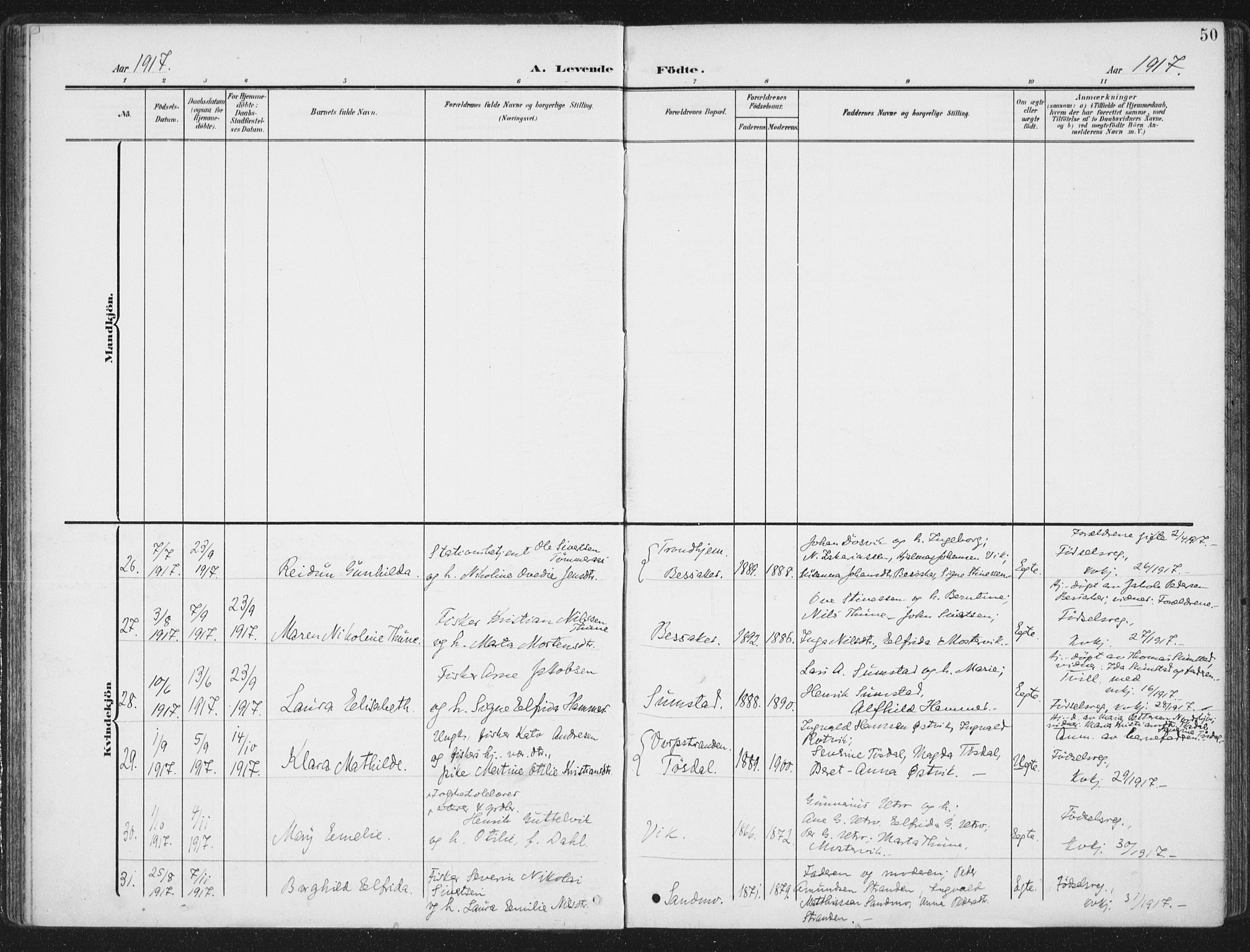 Ministerialprotokoller, klokkerbøker og fødselsregistre - Sør-Trøndelag, SAT/A-1456/657/L0709: Parish register (official) no. 657A10, 1905-1919, p. 50