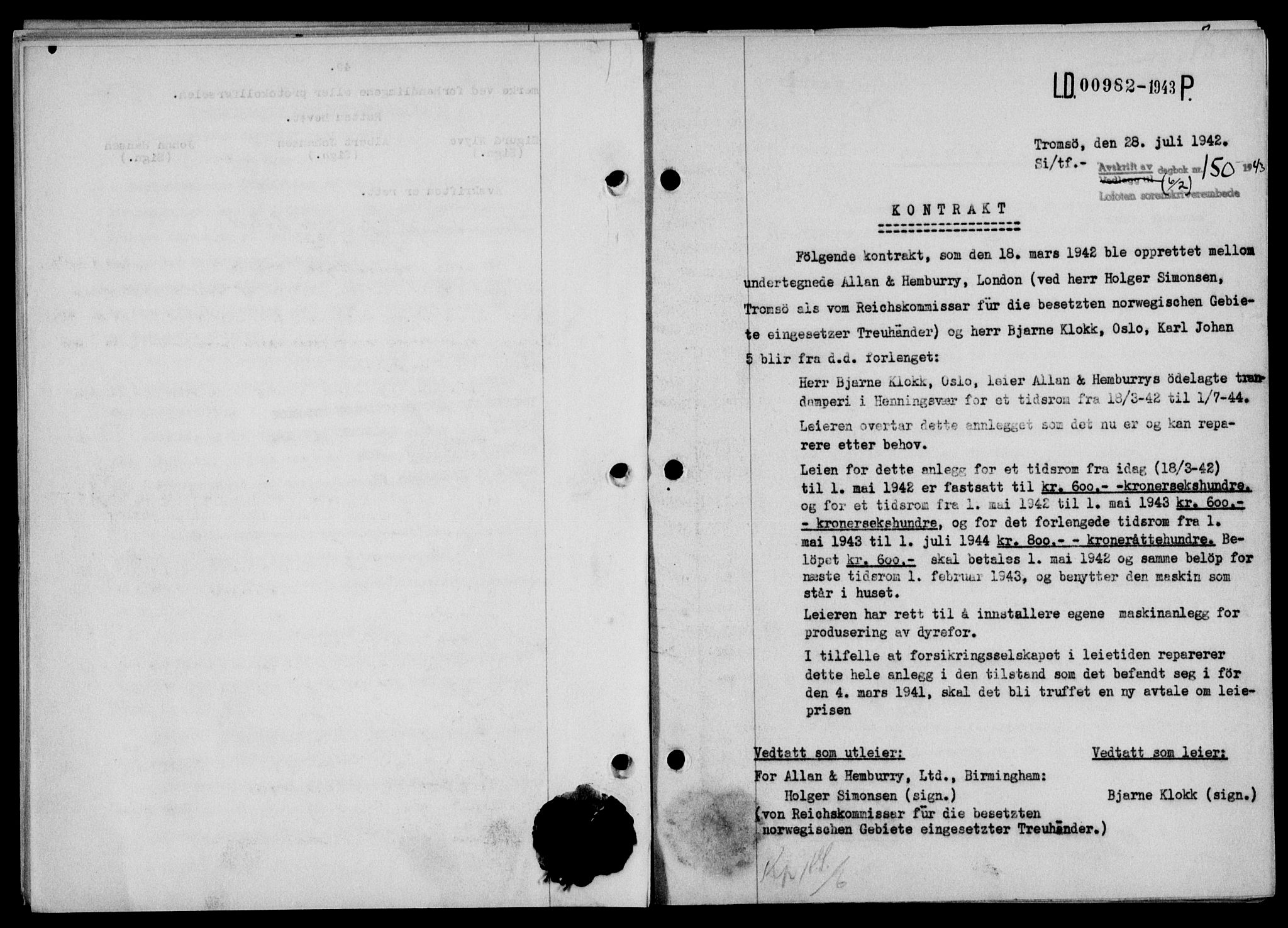 Lofoten sorenskriveri, SAT/A-0017/1/2/2C/L0010a: Mortgage book no. 10a, 1942-1943, Diary no: : 150/1943