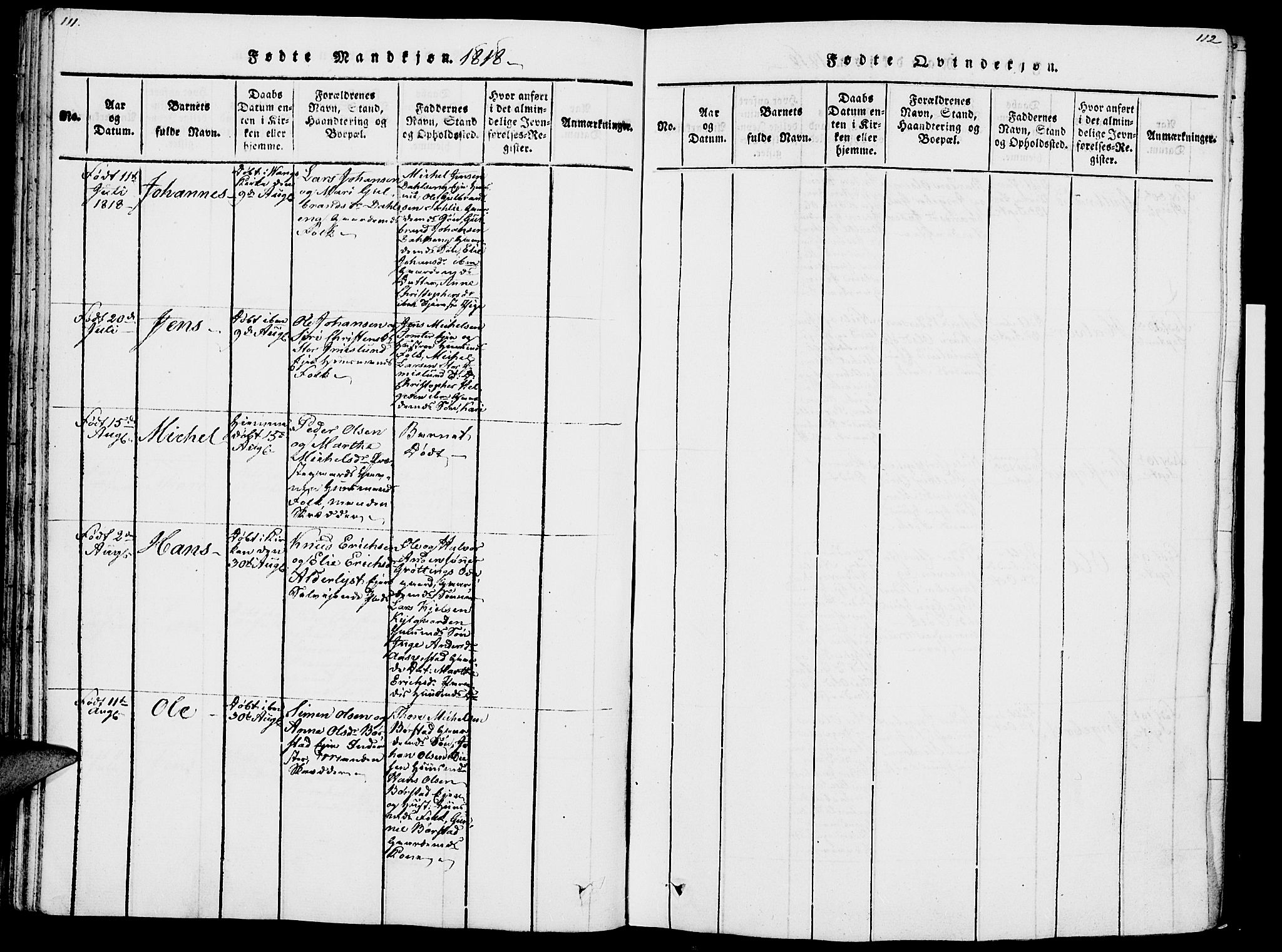 Vang prestekontor, Hedmark, AV/SAH-PREST-008/H/Ha/Haa/L0007: Parish register (official) no. 7, 1813-1826, p. 111-112