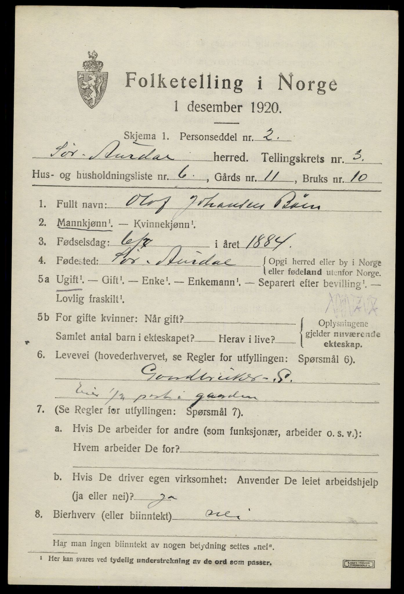 SAH, 1920 census for Sør-Aurdal, 1920, p. 2011