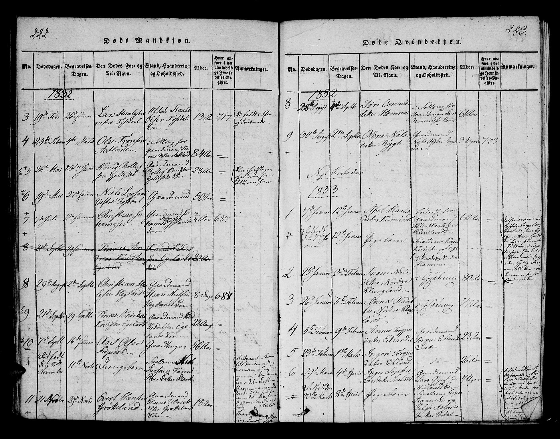 Bakke sokneprestkontor, AV/SAK-1111-0002/F/Fa/Fab/L0001: Parish register (official) no. A 1, 1815-1835, p. 222-223