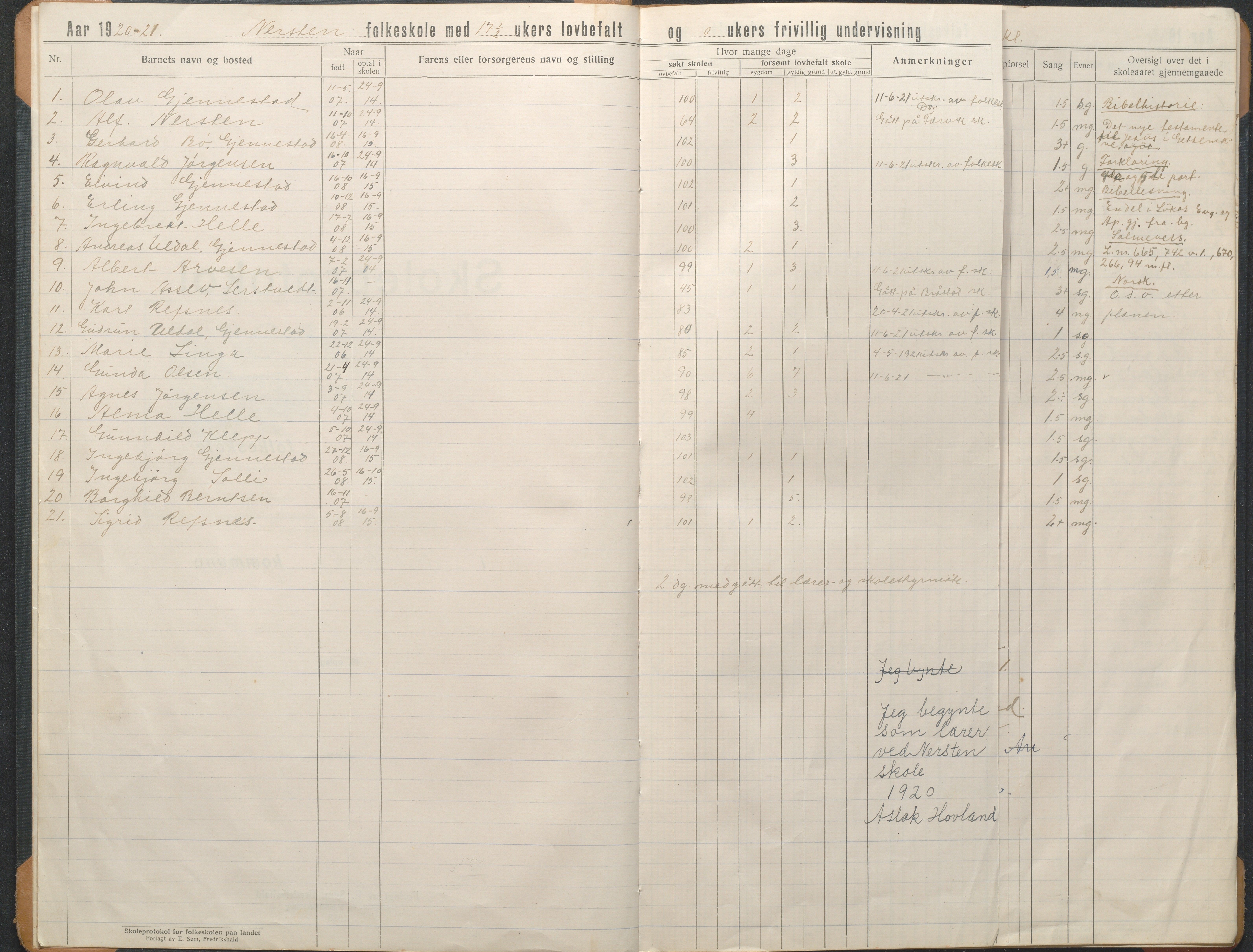 Øyestad kommune frem til 1979, AAKS/KA0920-PK/06/06L/L0004: Skoleprotokoll, 1920-1960