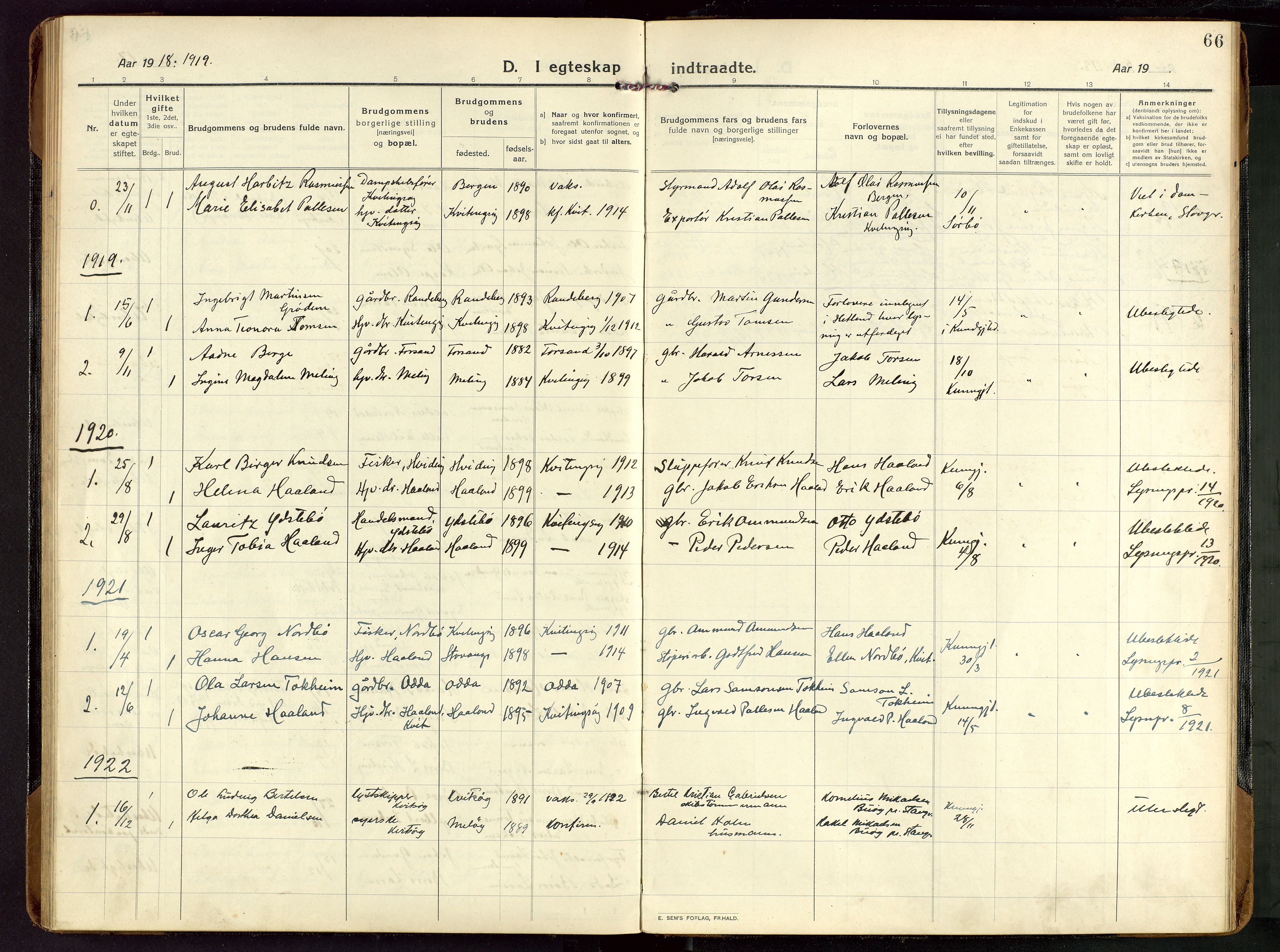 Rennesøy sokneprestkontor, AV/SAST-A -101827/H/Ha/Haa/L0018: Parish register (official) no. A 18, 1917-1937, p. 66