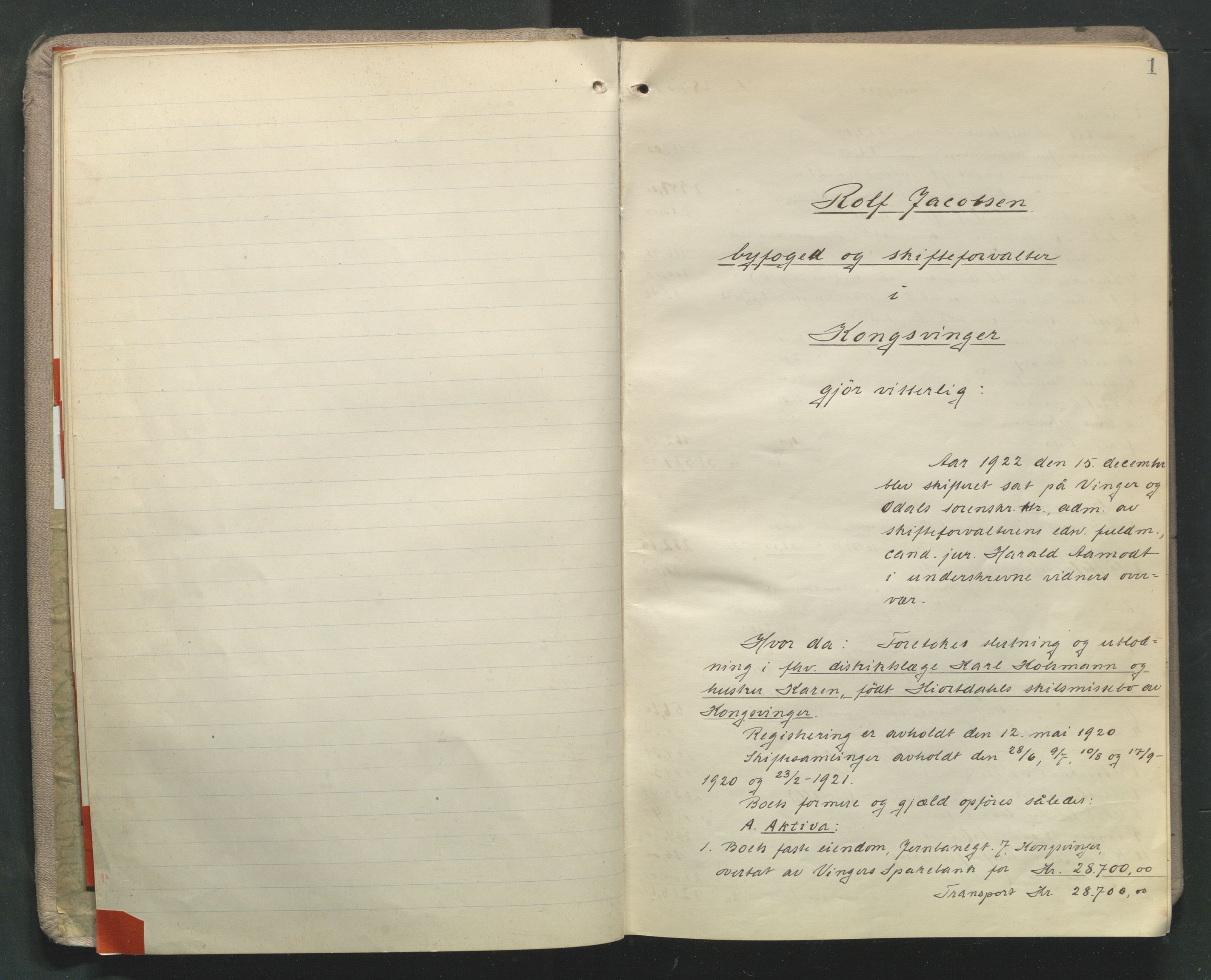 Vinger og Odal sorenskriveri, AV/SAH-TING-022/J/Jc/Jcc/L0010: Skifteutlodningsprotokoll - Kongsvinger, 1922-1949, p. 1